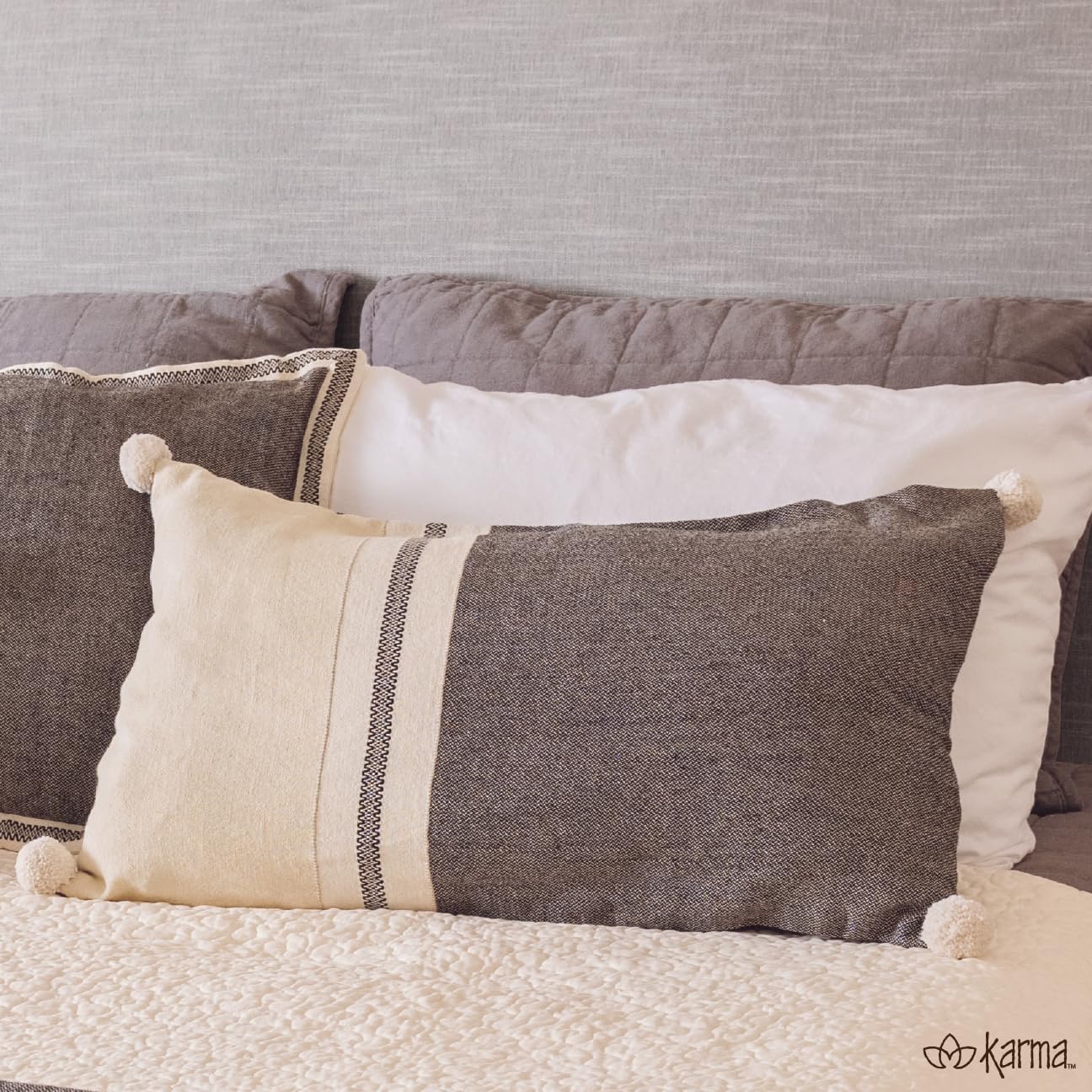 Karma, Boho Lumbar Throw Pillow Cover 17" L x 11" W, Pom Pom Pillowcase Bohemian Aesthetic Decorative Pillows for Couch Bed Sofa Living Room, Lisbon