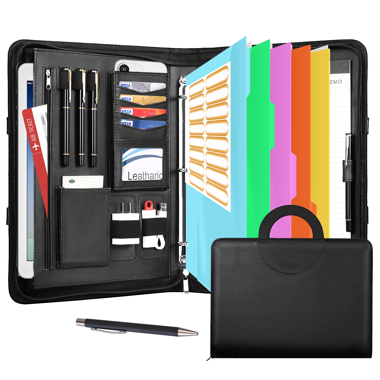 Leathario Portfolio Binder, Includes 5 Folder Index Dividers, 13 Inch Tablets Organizer with Handle, Vegan Leather A4 Padfolio, Multi-Pocket Notepad Business Planner Professional Document