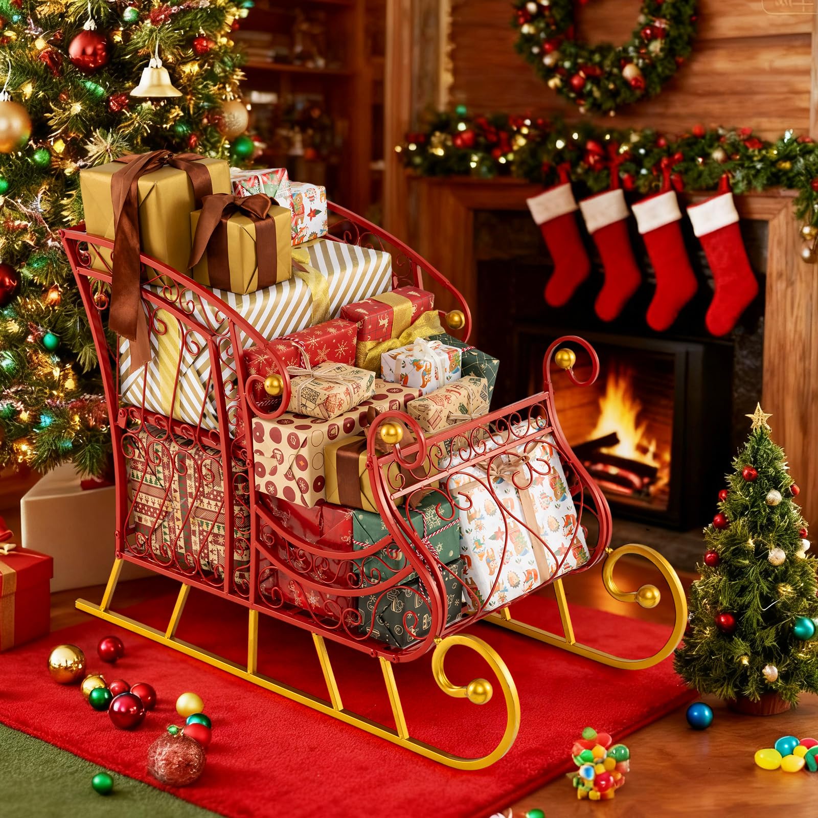 COSTWAY Traîneau de Noël avec Rangement à 2 Niveaux, Decoration Noel Exterieur Interieur, Cadre en Métal, Luge du Père Noël, Décoration de Fête pour Maison Bureau Carnaval, 85 x 42 x 61,5 cm