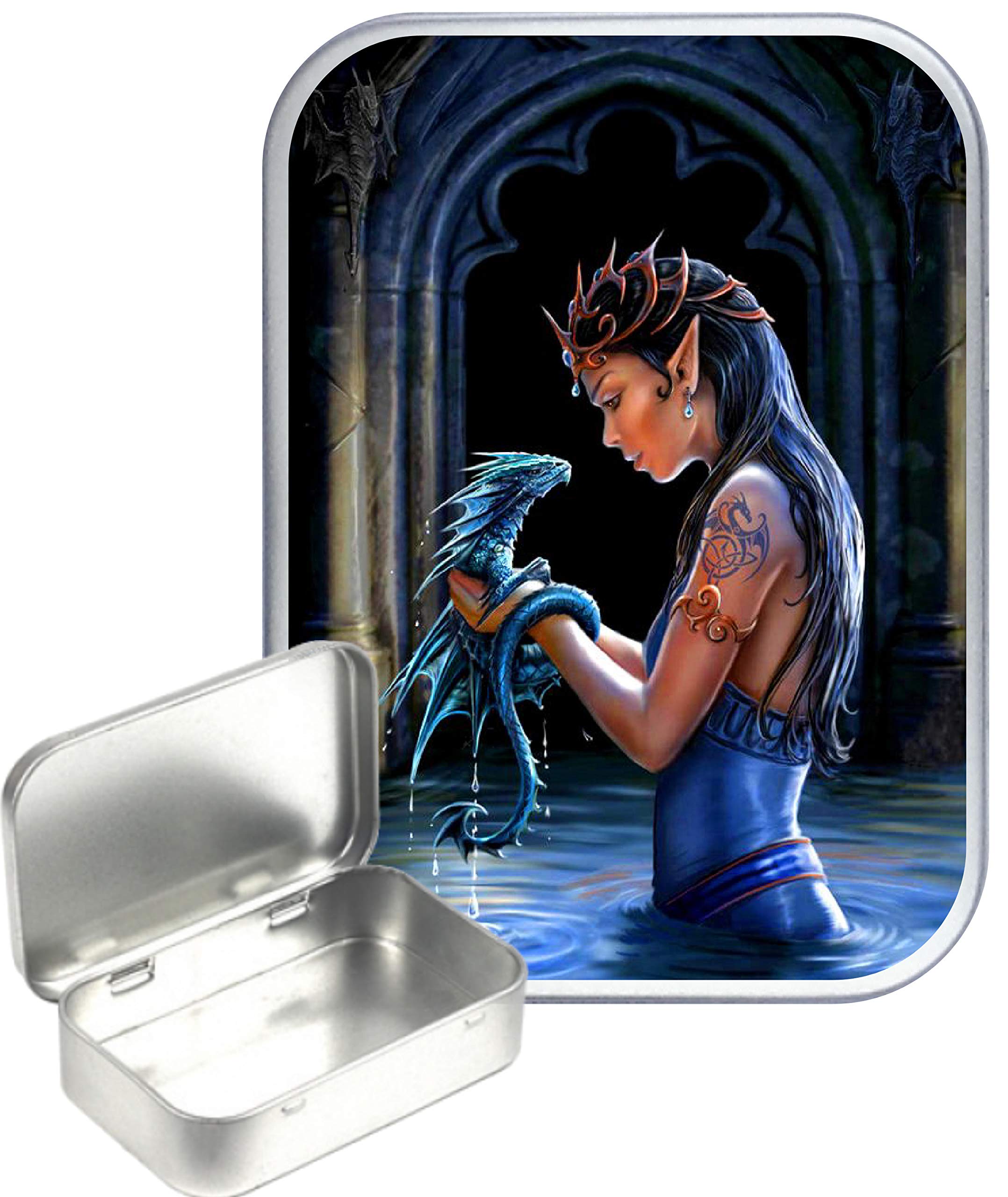 Teez Blue,Silver Blue Dragon Fairy Pool 30Ml Small Silver Hinged Tin, Hinged Pill Tin,Gift Box,1Oz Tobacco Tin