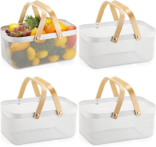Sadnyy 4 cestas de almacenamiento de alambre de metal con asa, cesta de cosecha de jardín, cesta duradera de frutas y verduras para organizar,
