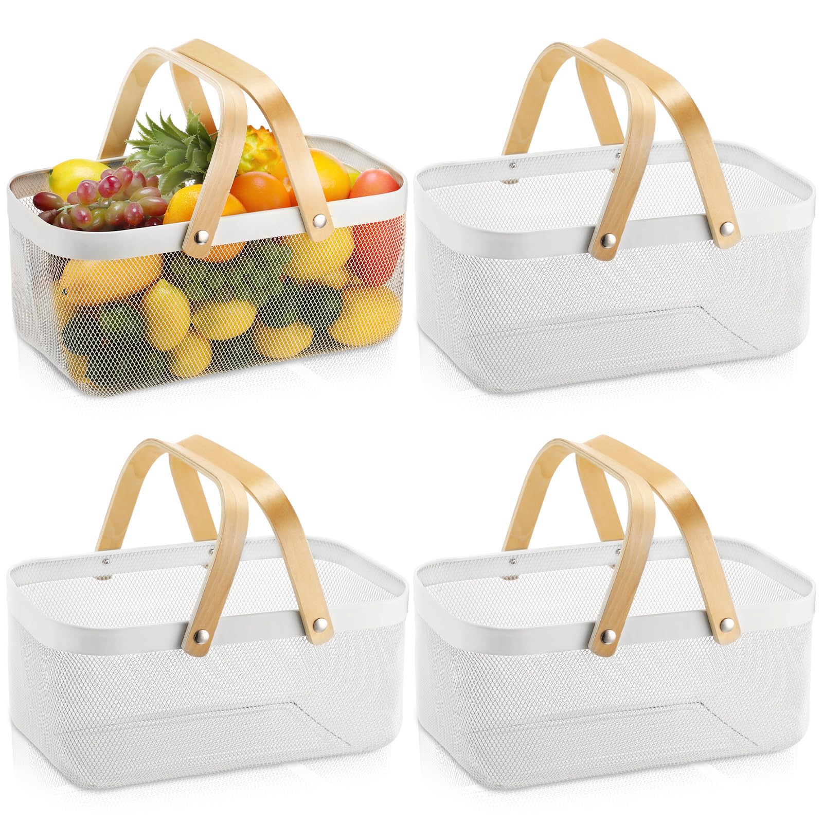 Sadnyy 4 Pcs Metal Wire Storage Basket with Handle Mesh Harvest Durable Vegetables Fruit Basket for Garden Organizing, Kitchen, Countertop, Closet, Bedroom (16 x 9.8 x 7.1 Inch,White)