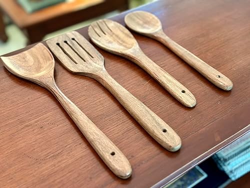 Miniatura 2 de Juego de 4 cucharas antiadherentes de madera de acacia para cocinar, utensilios de cocina de madera, cuchara y tenedor para ensalada, espátula