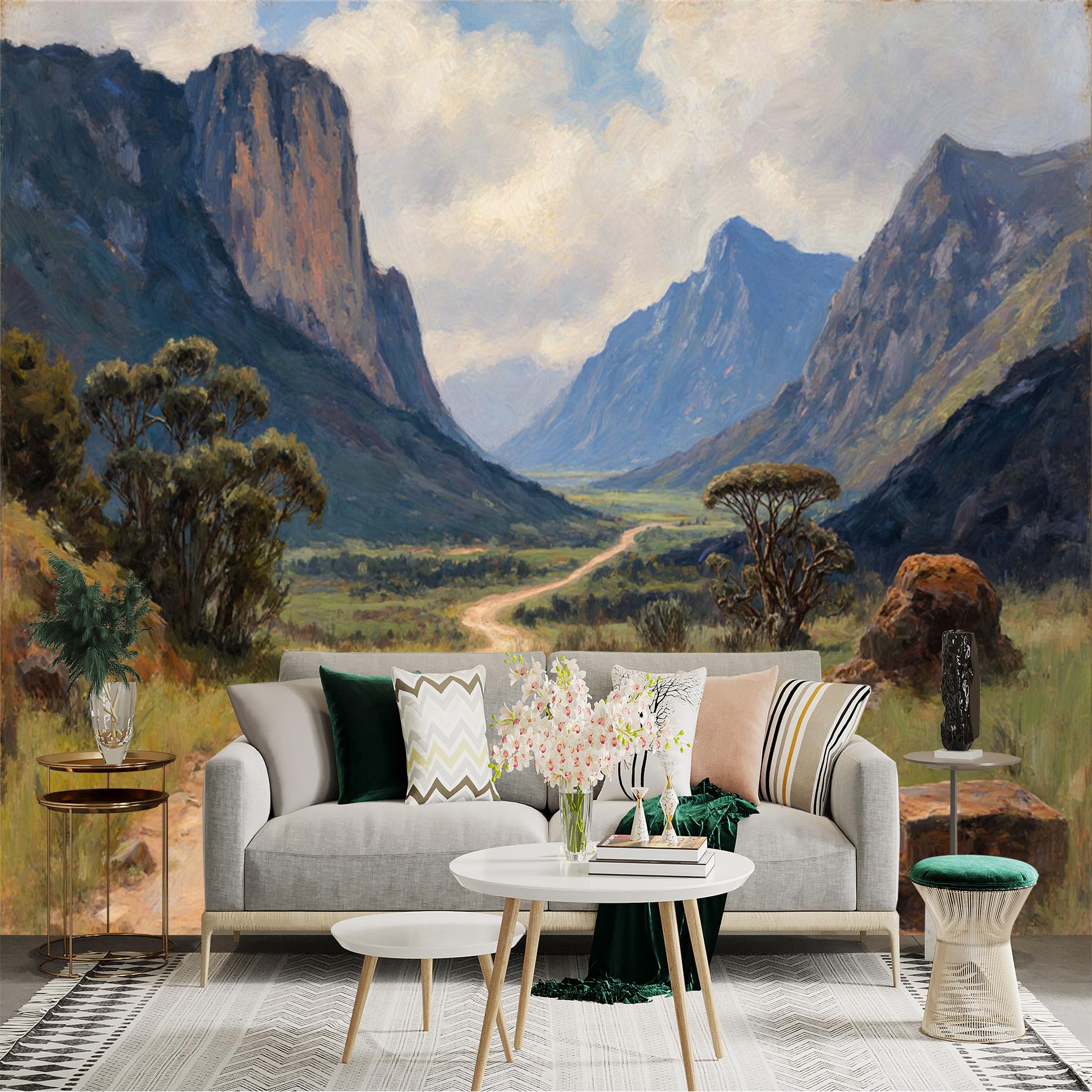 Lnzczhyre Xc260505889 Custom Size Wall Sticker Mural， Majestic Mountain Valley Scenery， Winding Dirt Road， Oil Painting Style Landscape， For Wall Decoration， Peelandstick Wall Decals.