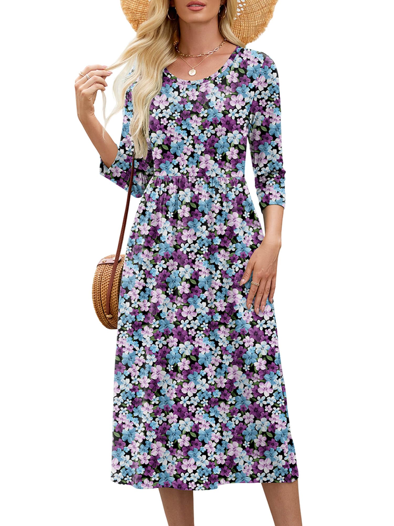 Heymoments Women's 3/4 Sleeve Midi Dress A Line Crewneck Casual Flowy Swing Floral T Shirt Dress with Pocket Ladies Sundress