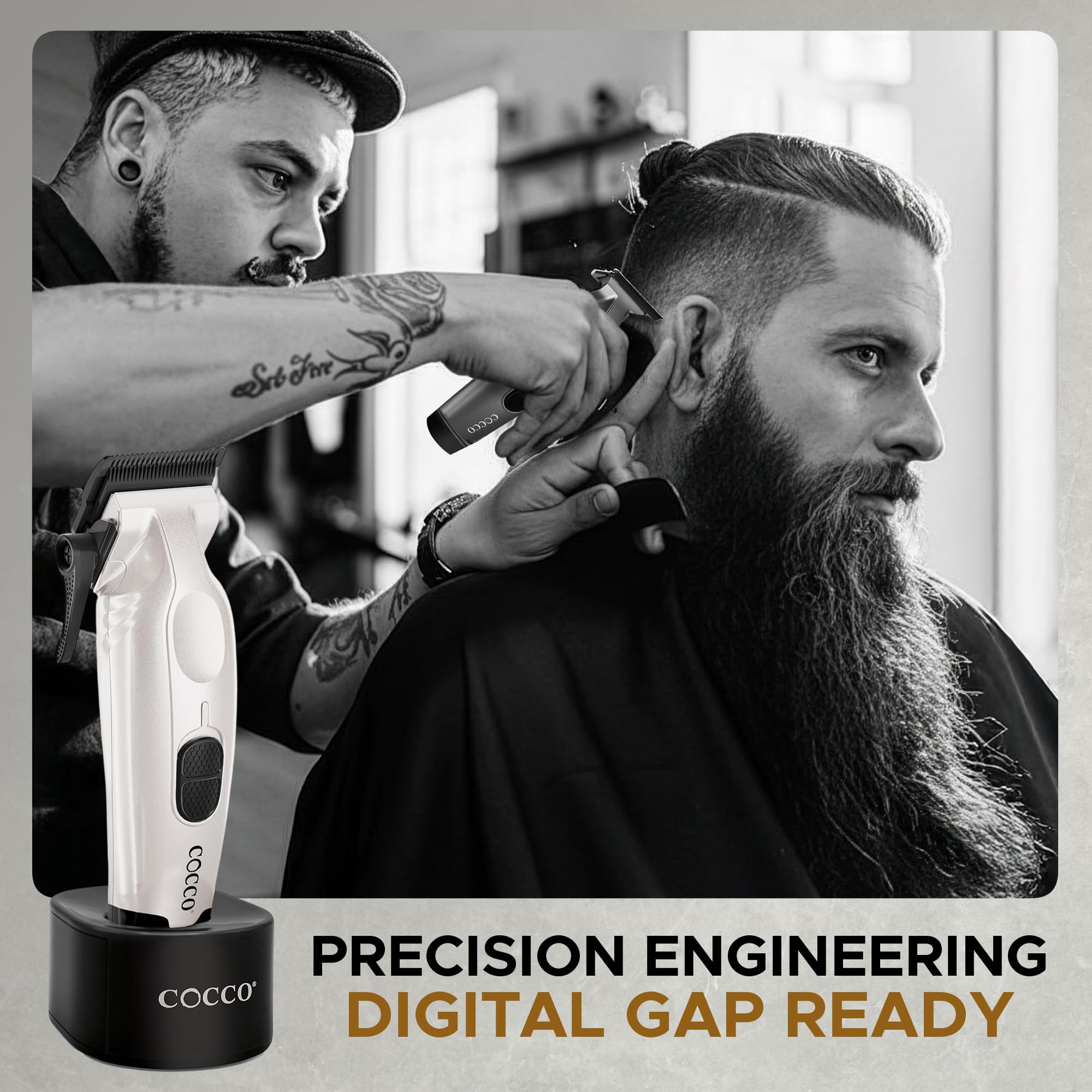 Cocco Veloce Pro Clipper, Digital Gap Ambassador Graphene Taper Blade Professional Hair Clippers, High-Torque BLDC Motor, All-Metal, Cordless, Charging Base Included