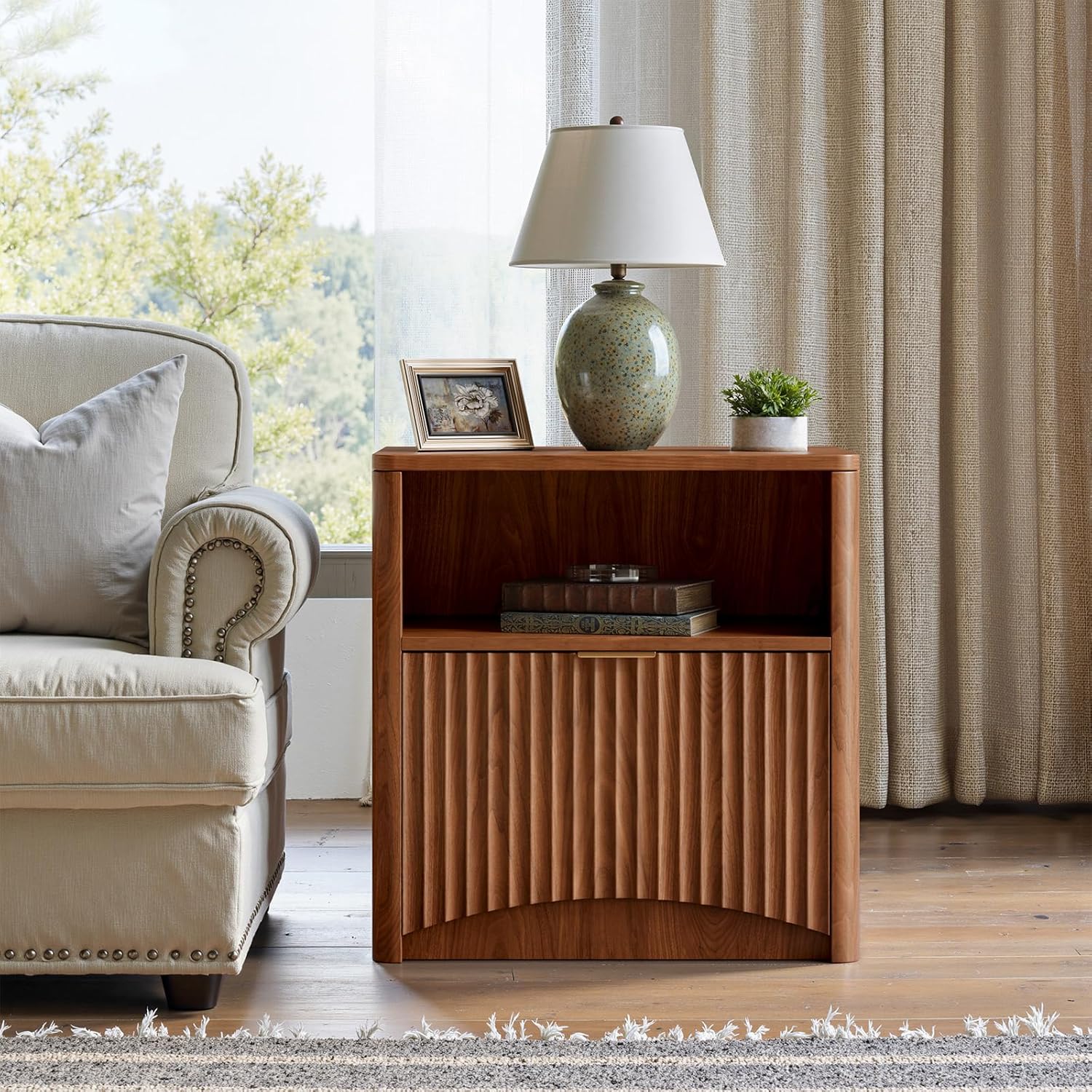 Evermagin Fluted Nightstand, Walnut Bedside Table with Drawer and Storage, Wood End Table Mid Century Modern, Large Night Stand for Bedroom