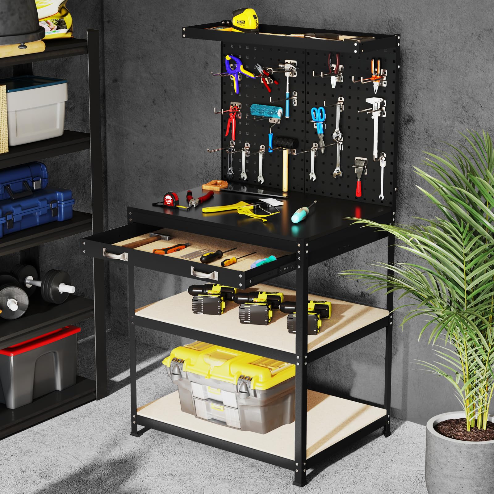 COSTWAY Banco da Lavoro con Piano da 81 x 41 cm, Banco da Lavoro Officina con Pannello Forato e 20 Ganci, Cassetto e 2 Ripiani, Tavolo Lavoro per Garage Capacità 225 kg (Nero, 81 x 41 x 156 cm)