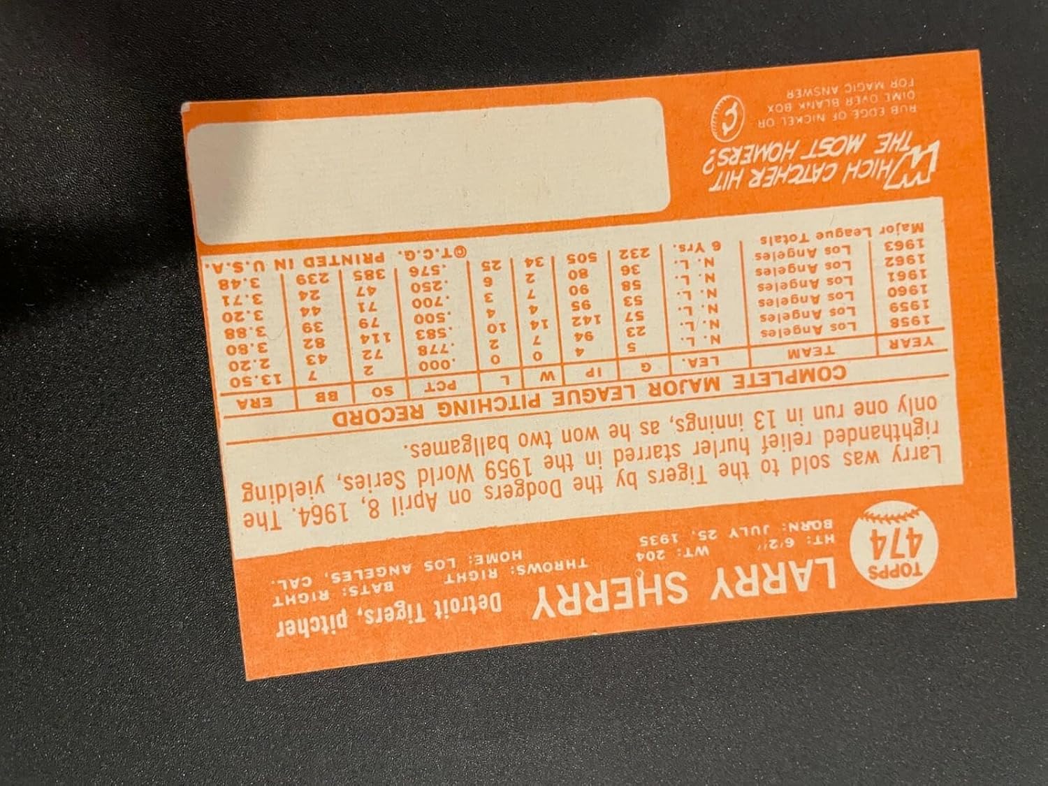 1964 Topps #474 Larry Sherry Detroit Tigers Baseball Card Nm/mt Set Break - Slabbed Baseball Cards