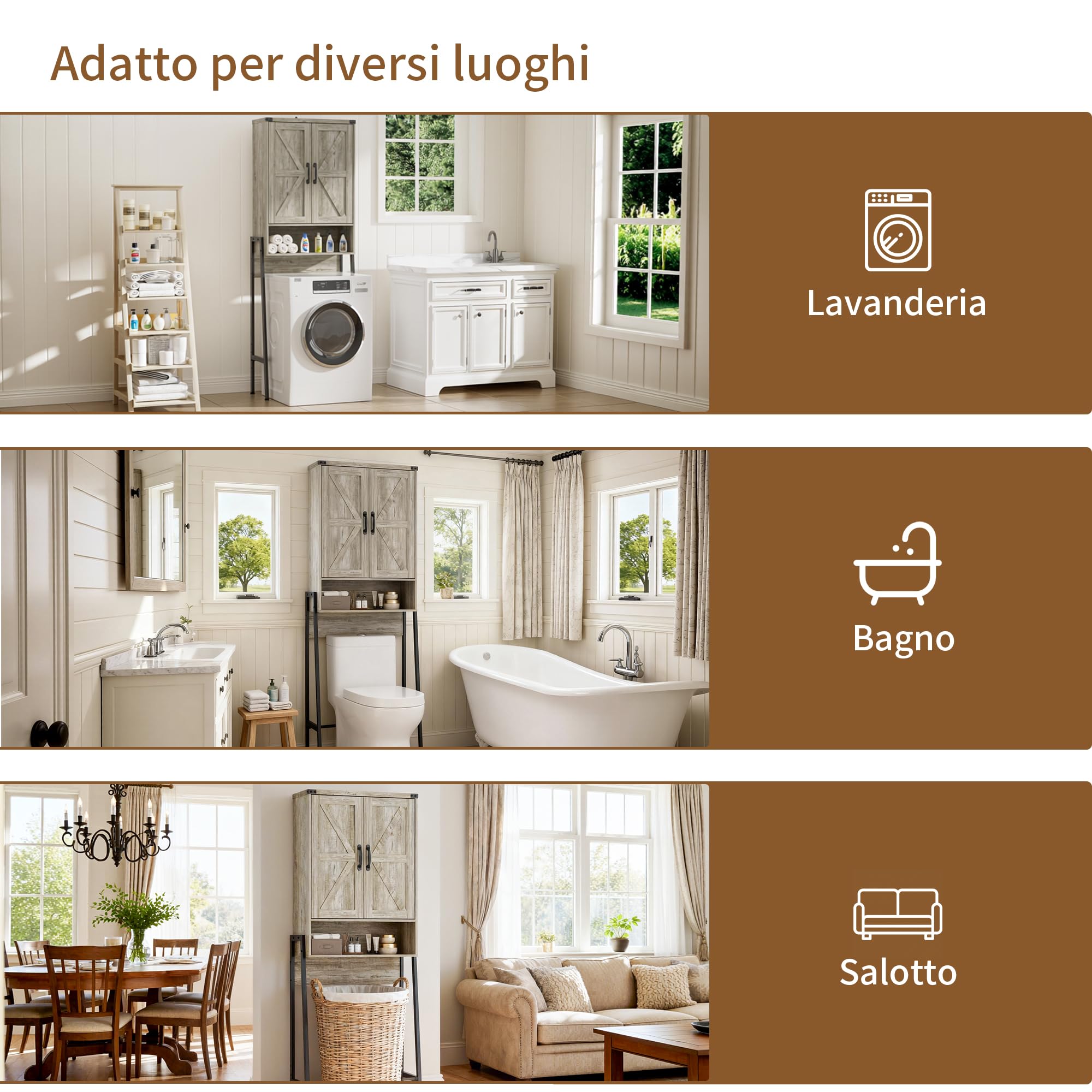 BonVache Mensola WC con ante da bagno con 6 ripiani, mensole per piccole lavatrici, armadietto per bagno, 171 x 59,6 x 25,3 cm, grigio