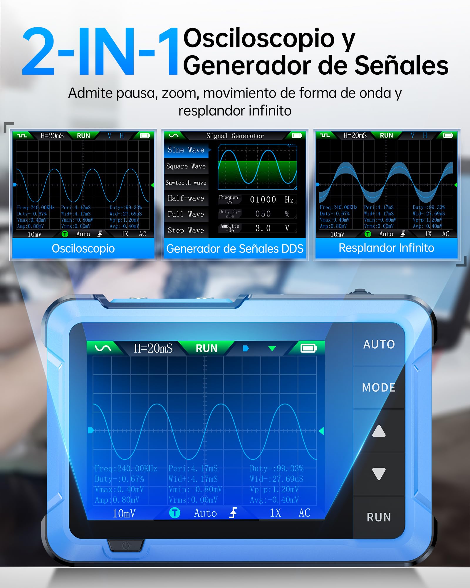 FNIRSI DSO-510 Osciloscopio Portátil/Generador de Señales DDS 2IN1, Osciloscopio Digital Automotriz TFT de 2,8’’, Ancho de Banda de 10MHz, Muestreo de 48MS/s, Disparo Auto/Normal/Único