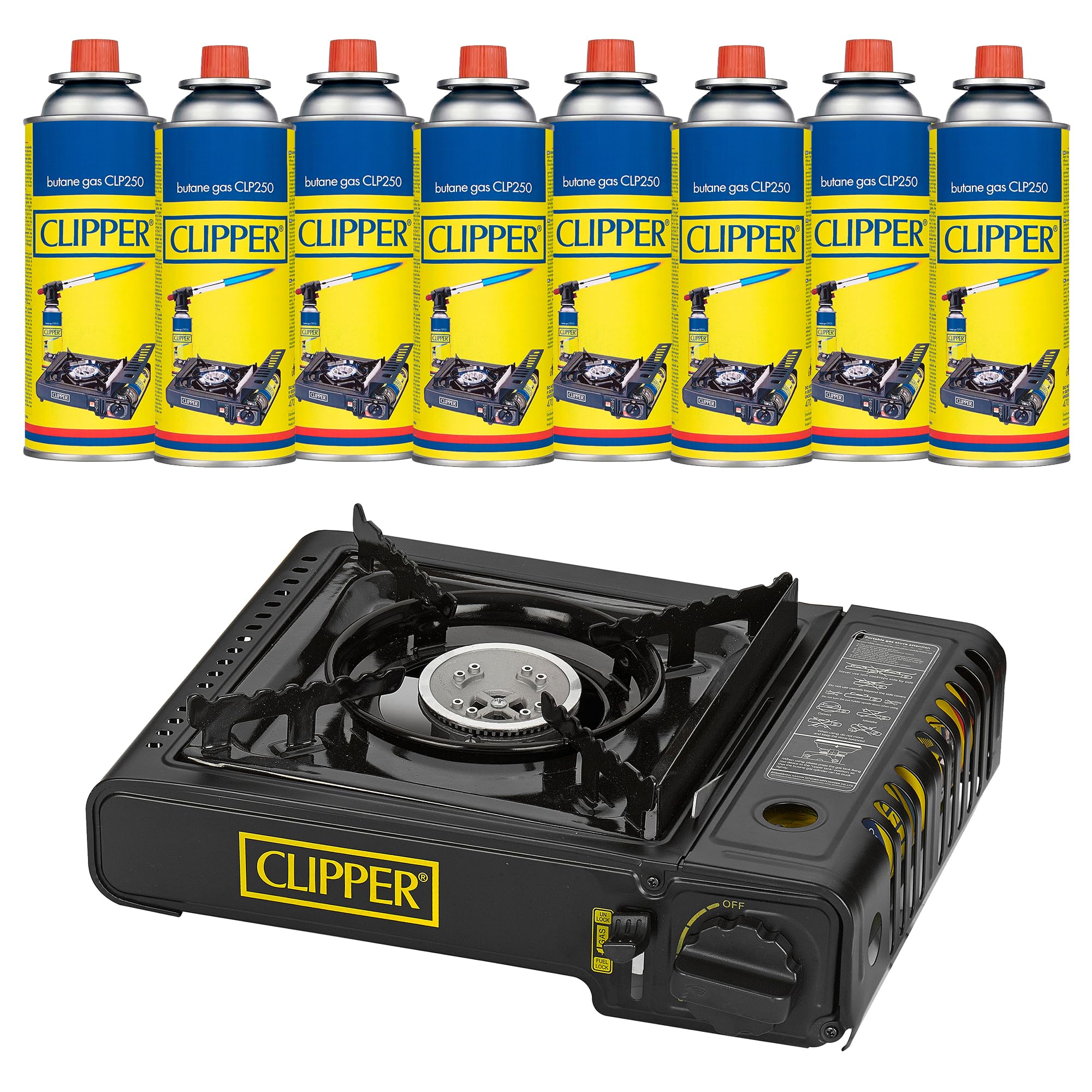 Clipper - Hornillo Camping | Cocina Portátil Estable | Potencia 2,200w | Con Cartuchos de Gas (8 uds)