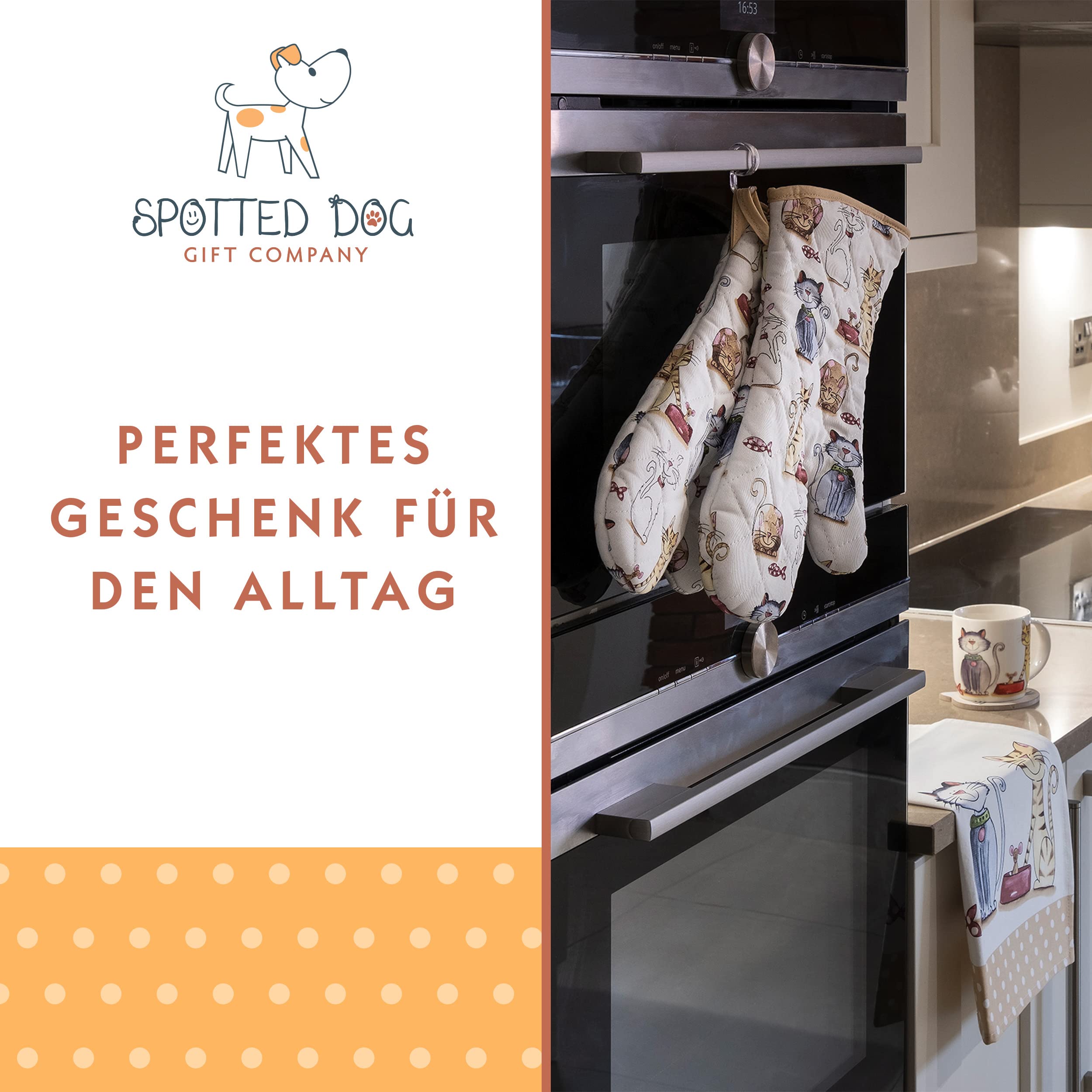 SPOTTED DOG GIFT COMPANY - Backhandschuhe Hitzebestaendig, Topfhandschuhe Ofenhandschuhe Lang mit Niedliches Katze und Katzen-Motiv