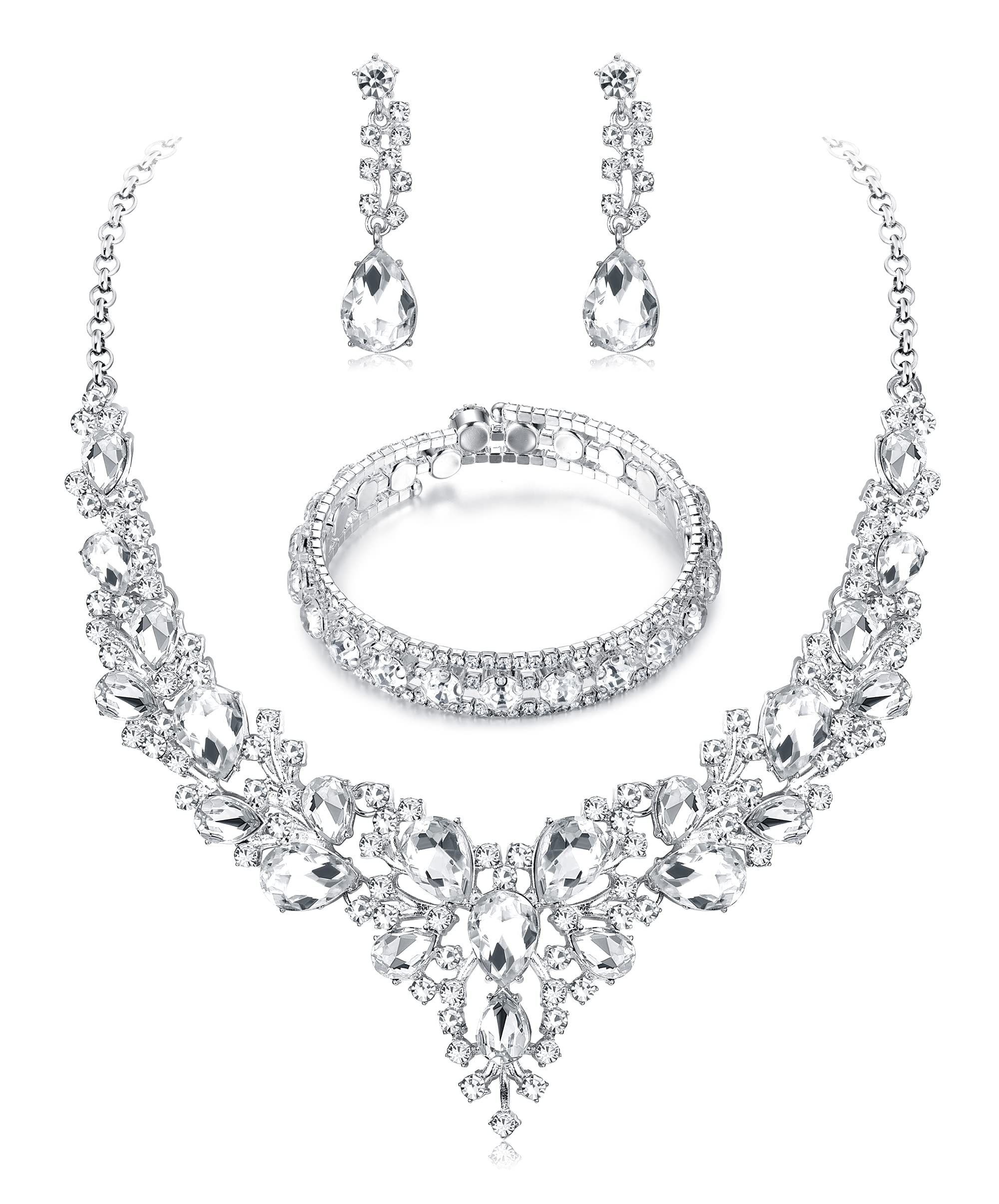 JeryWe Conjuntos de Joyas de Boda para Mujeres Joyas Cristal Collar y Pendientes Pulsera para Novia y Damas de Honor Compromiso Boda Prom Joyería Accesorios Juegos de Joyas