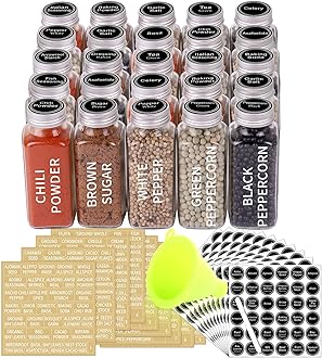 SWOMMOLY 25 Glass Spice Jars 8 oz Empty Spice Bottles with 713 Spice Labels, Chalk Marker and Funnel Complete Set. 25 Square Seasoning Containers with Airtight Cap, Pour/sift Shaker Lid