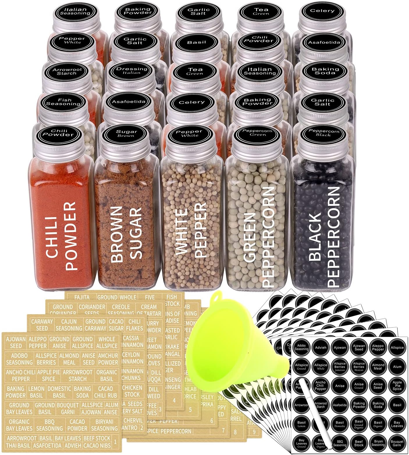 SWOMMOLY 25 Glass Spice Jars 8 oz Empty Spice Bottles with 713 Spice Labels