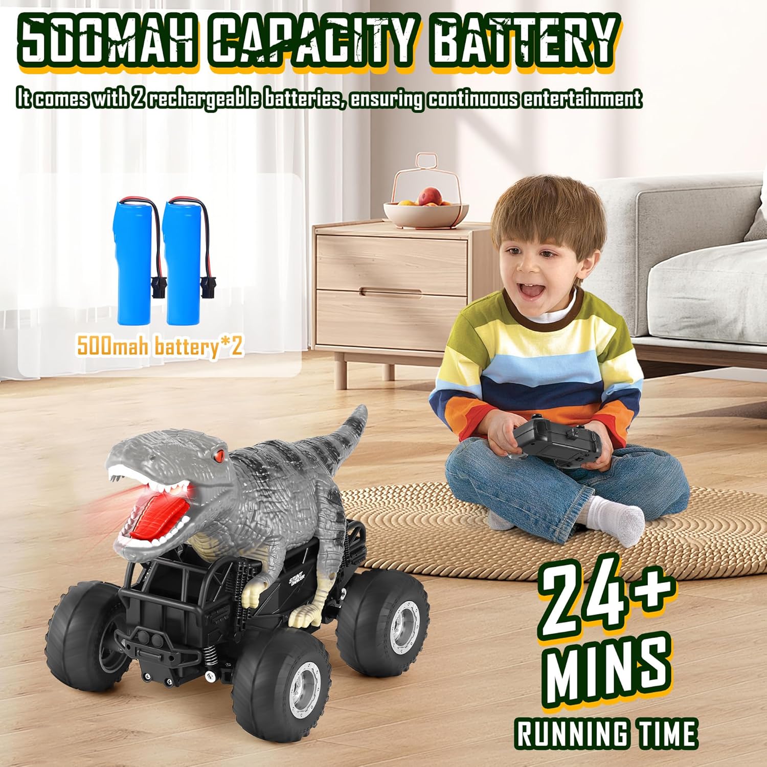 Remote Control Car, 2.4GHz 1:18 RC Cars with Light, 98FT 8KM/H 2-Rechargeable Battery, All Terrain Monster Remote Control Truck Toy, Christmas, Dinosaur Monster Trucks for Boy Age 4-7, Kid 6+