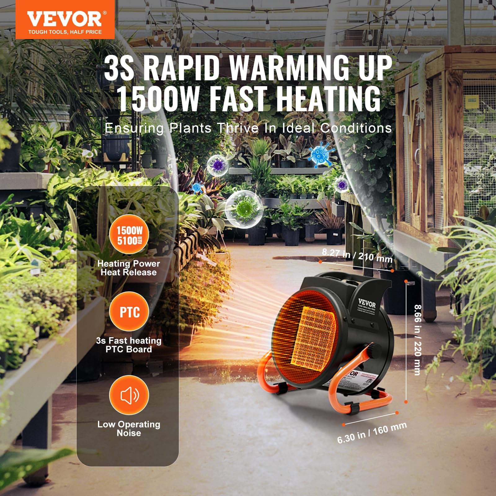 VEVOR Chauffage de serre PTC, 2000 W, chauffage de tente de culture électrique portable, à 3 vitesses, protection contre la surchauffe, chauffage rapide pour serre, salle de fleurs, lieu de travail