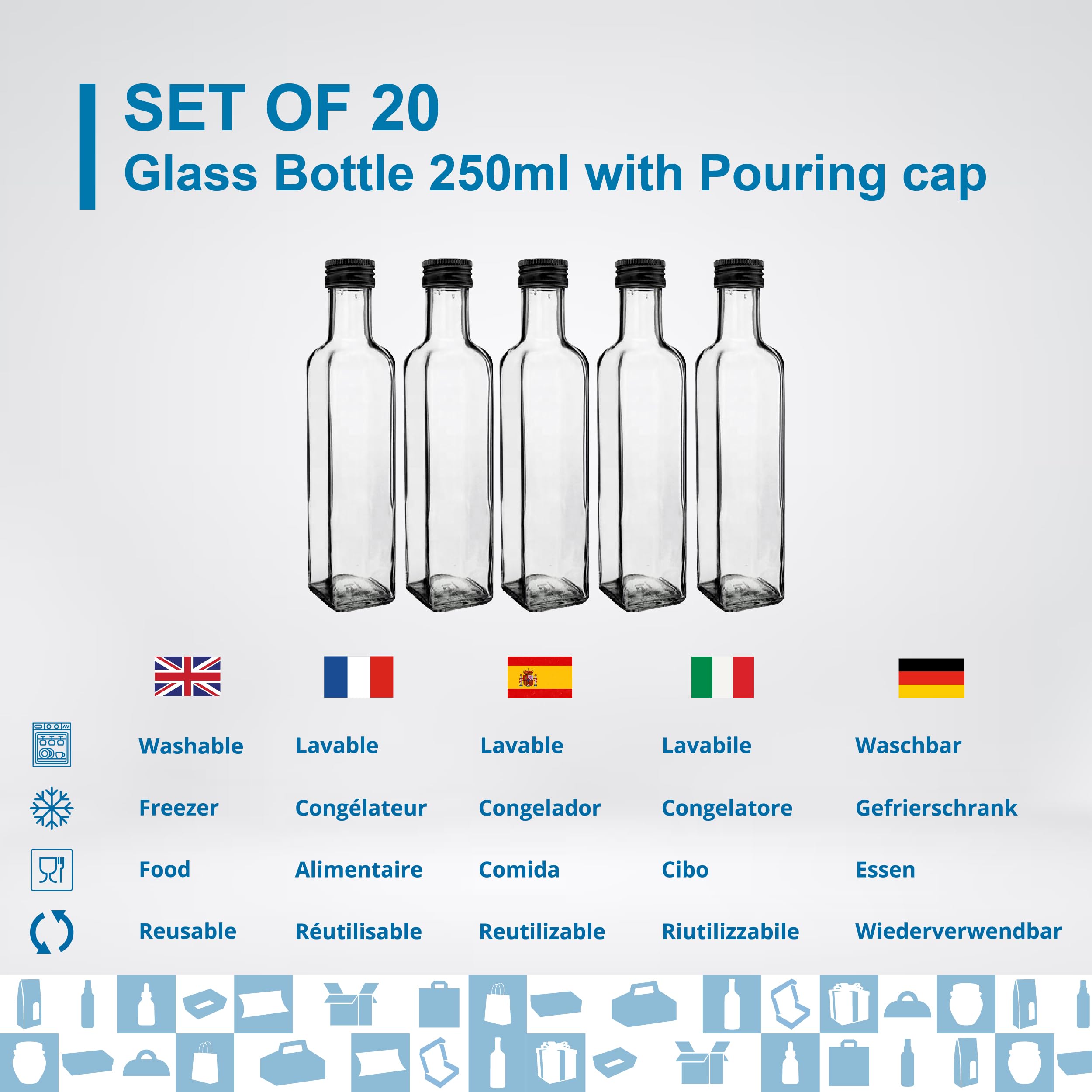 Espirito Rebelde 20 Bouteilles en Verre 250ml avec Bouchon a Vis Noir avec Bec Verseur | Huile d'Olive, Vinaigre, Alcool, Sauces | Huilier en Verre