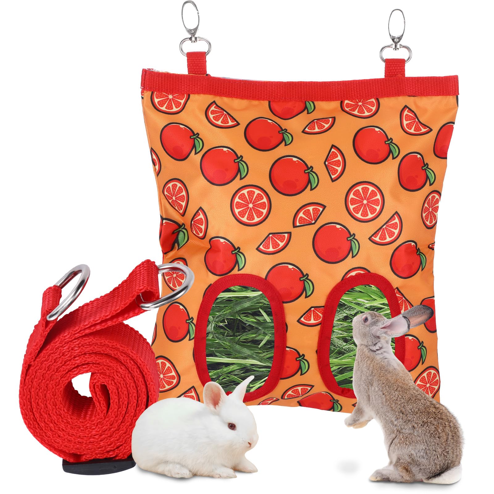 Rabbit Hay Feeder, 2 Hole Hanging Hay Bag for Rabbits Guinea Pig Bunny Chinchillas Washable Rabbit Hay Holder 11x9.8inch