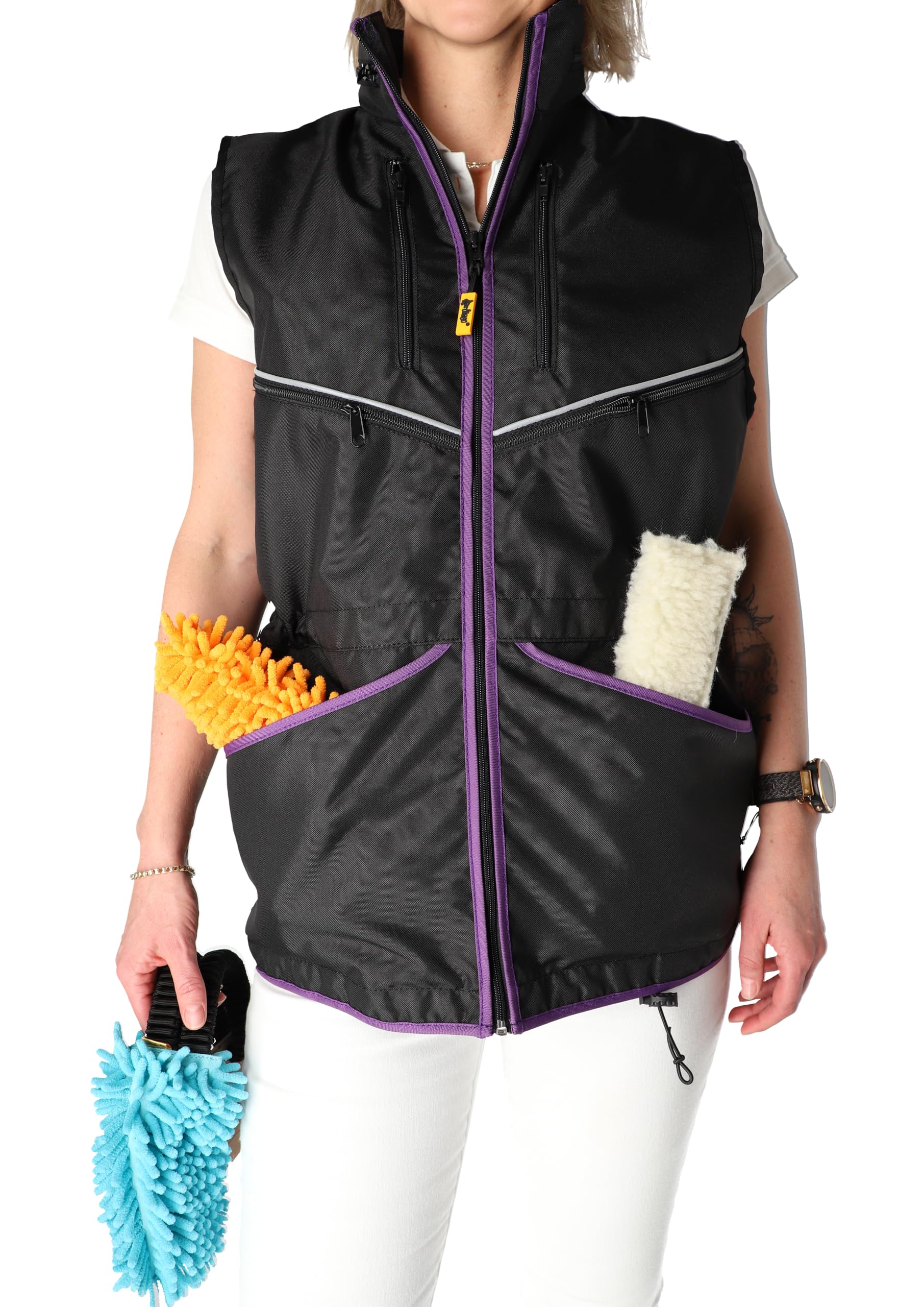 Dingo Waldemar Rutkowski Gilet Dog Trainer avec Deux Poches Zippées, 2 Poches Ouvertes, Capuche, Ajustable, Imperméable, Noir avec Liseré Bleu – Taille M (16426)
