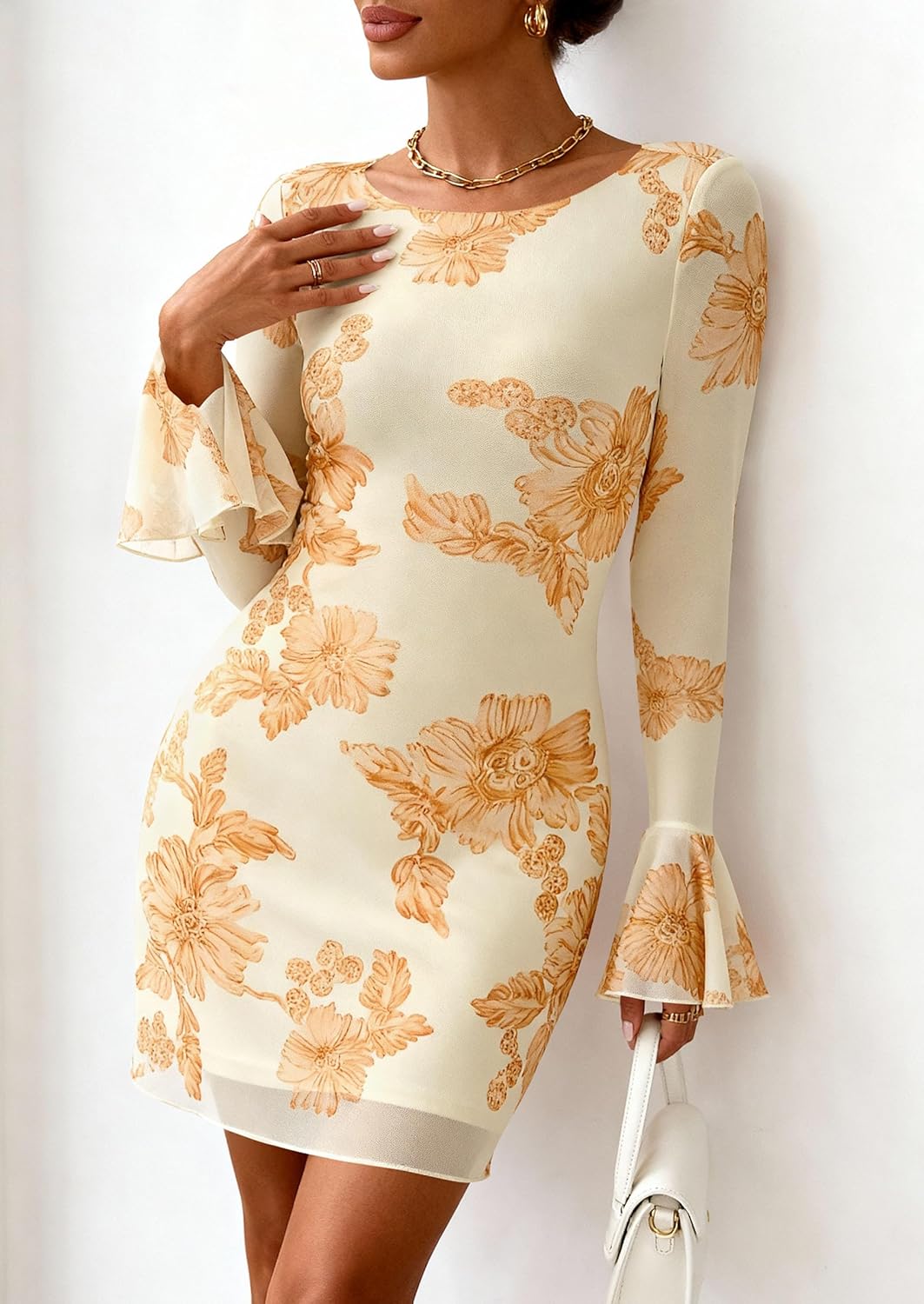 PRETTYGARDEN Women's Floral Dress Spring Fall Fashion Long Bell Sleeve Flower Mini Short Mesh Bodycon Party Dresses - Image 5