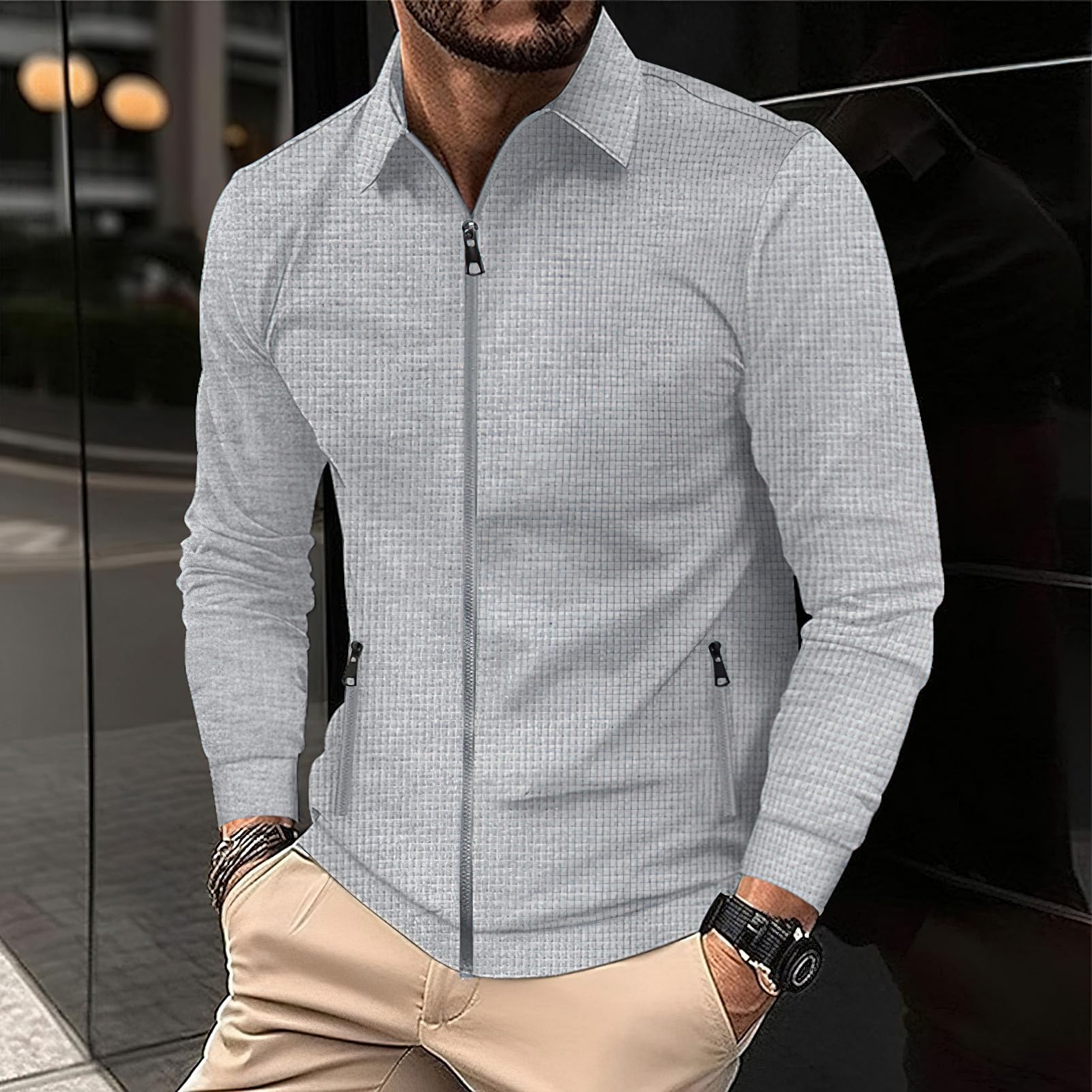 Ensemble de 2 Pièces Veste & Pantalon Waffle Manches Longues Zipper pour Homme Survêtements Sport Travail