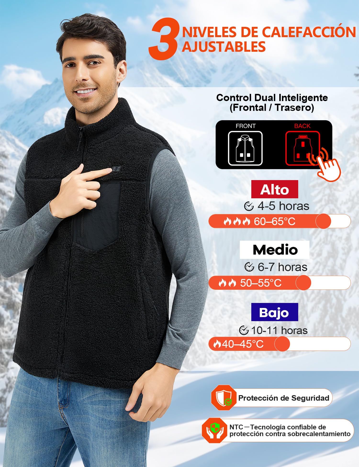Chaleco Calefactable Hombre con 18400mAh 7.4V， Forro Polar, 8 Zonas Calefactoras, Lavable, Chaleco Eléctrico Para Uso Diario y al Aire Libre