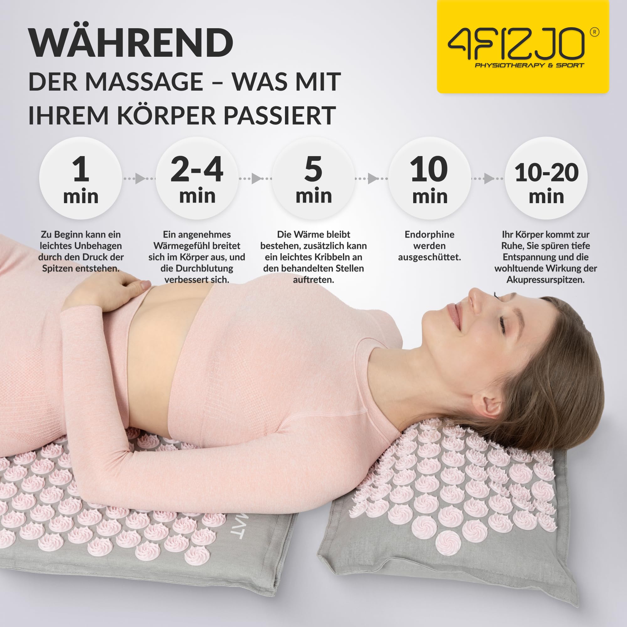 4FIZJO Akupressurmatte & Kissen ECO XL, 110x42x2 cm, mit Tragetasche, Umweltfreundliche Materialien, 9750 Stacheln, Massagematte für bessere Durchblutung, Muskeln Entspannung, Farbe: Grau und Rosa