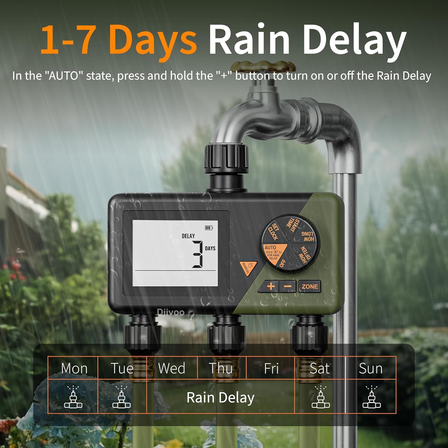 Diivoo Sprinkler Timer displaying 'DELAY 3 DAYS' on its screen, indicating the rain delay function is active.
