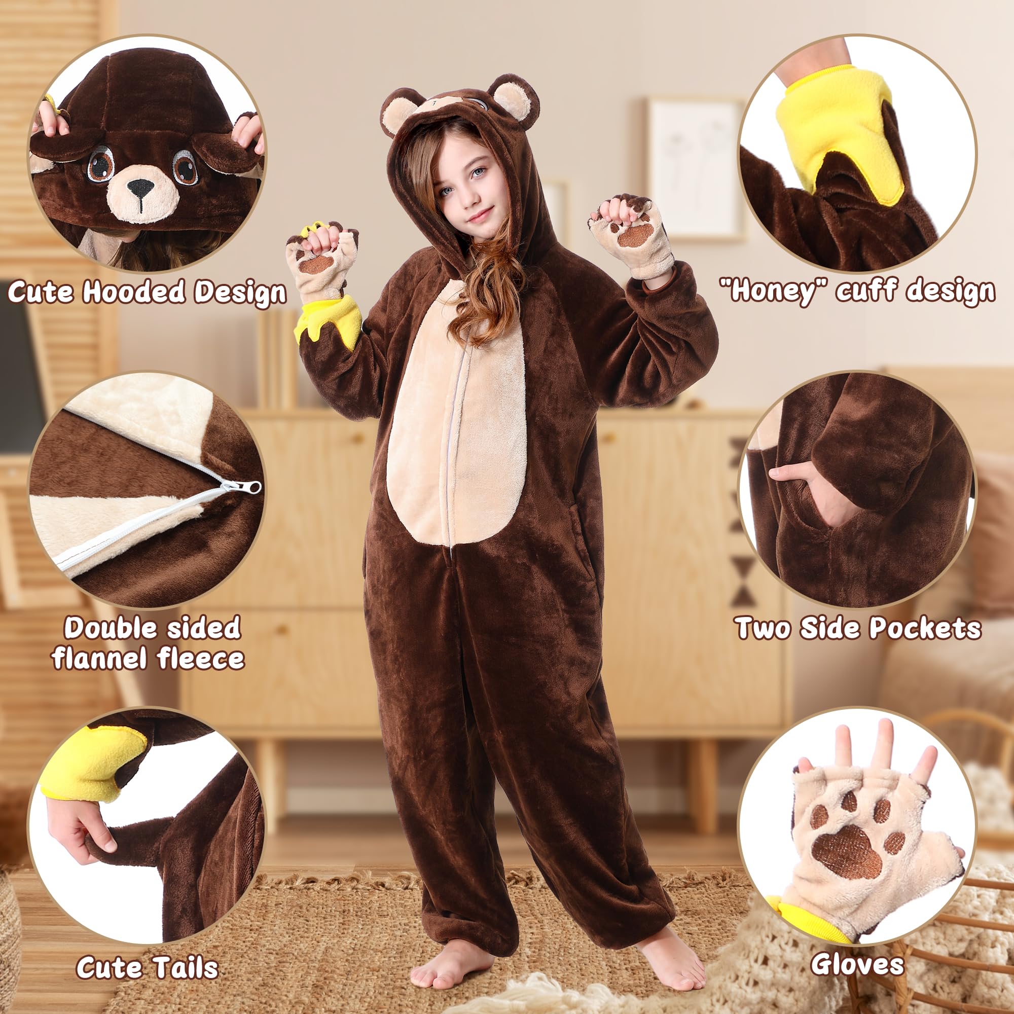 Tuta intera costume animale per bambini, modelli mucca, procione e orso con guanti e campanello, tuta cosplay Halloween per maschi e femmine (Orso, 4-5 Anni)