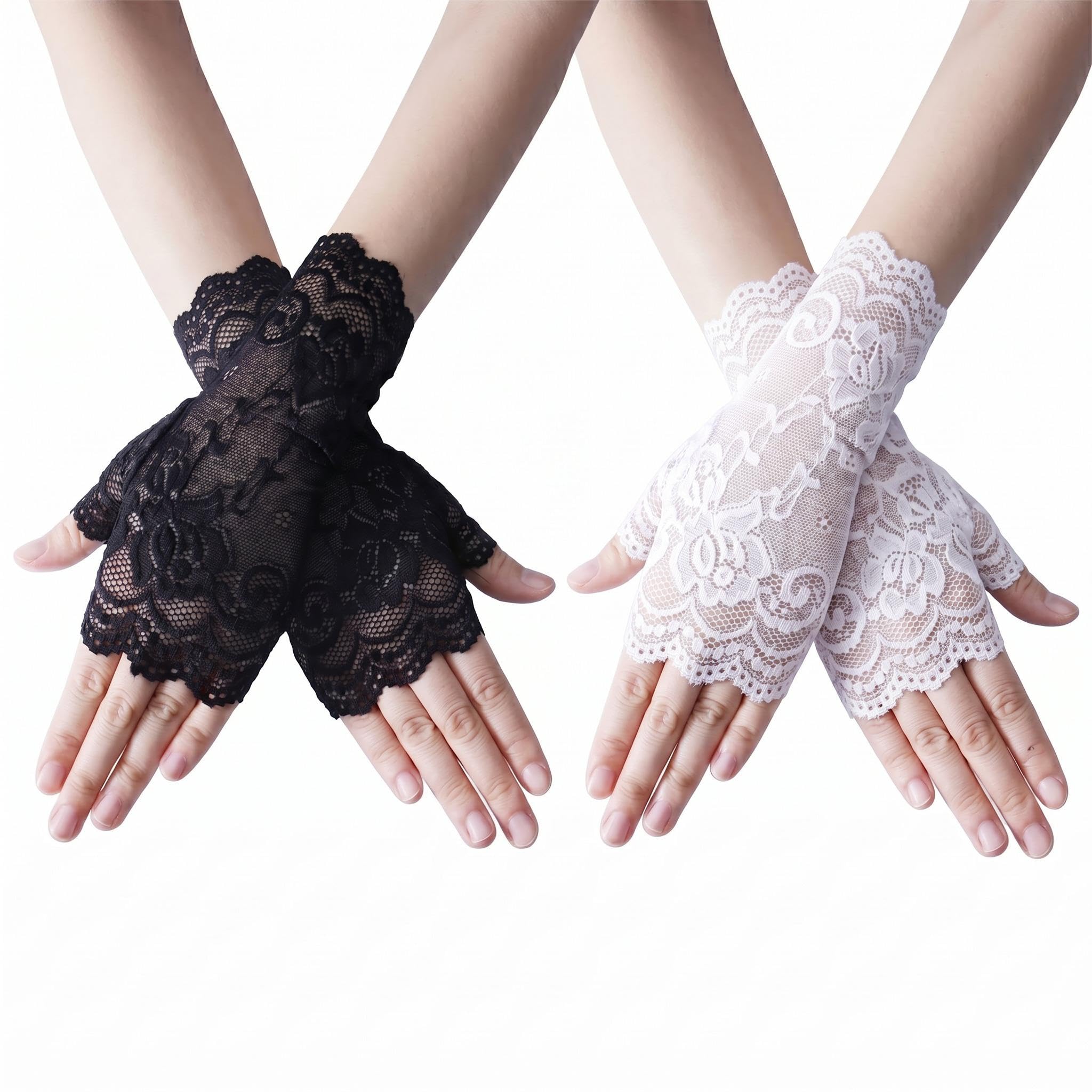 Leryavow 2 PairsGothic-style Opera Gala Wedding role-playing Lace Gloves Black White