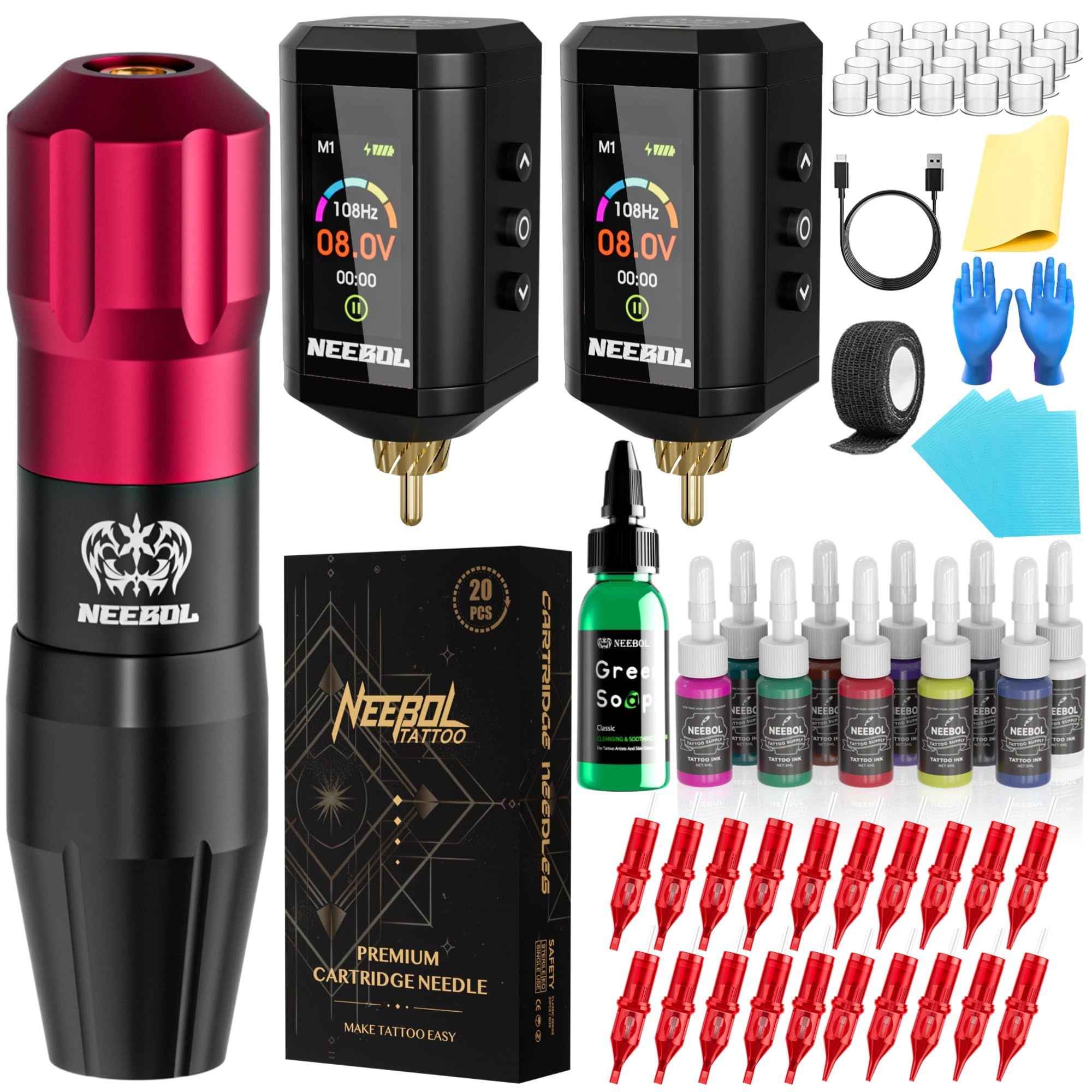 Neebol Wireless Tattoo Kit - Complete Set with 2 Color-Display Power Supplies, 20 Needles, 10 Inks - Professional Tattoo Machine for Beginners