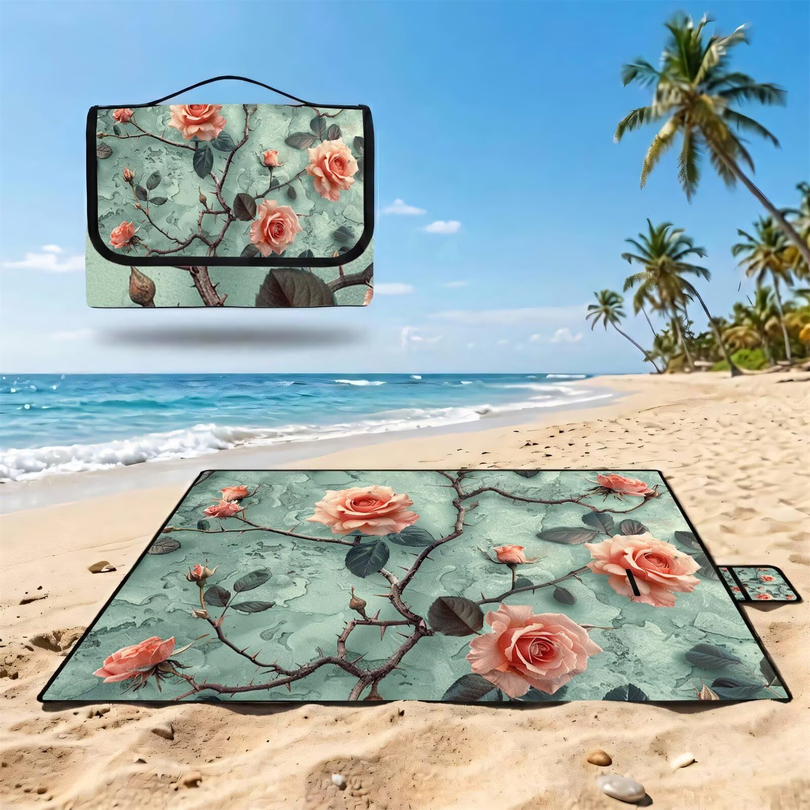 Couverture Pique Nique Grande 200x300cm,Outdoor Couverture Imperméable,Pliable Tapis de Plage Dos en PVC Anti-Sable,Picnic Blanket pour Camping Accessoires,Jardin,Parc - Turquoise,Rose (6) UZ-36