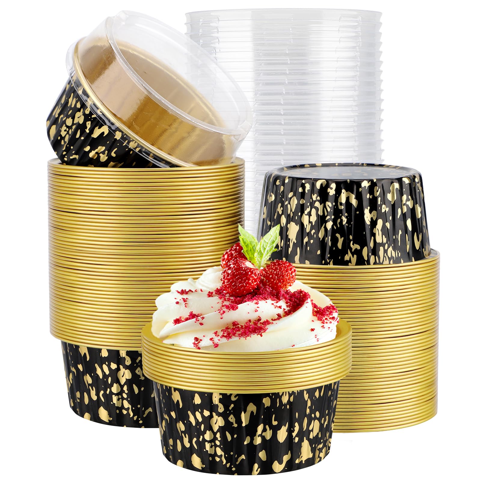 EUSOAR Mini moldes para tartas con tapas, 100 ramequines desechables de 5 onzas con tapas, recipientes de postre, moldes de papel de aluminio para hornear magdalenas para fiestas, porción individual,