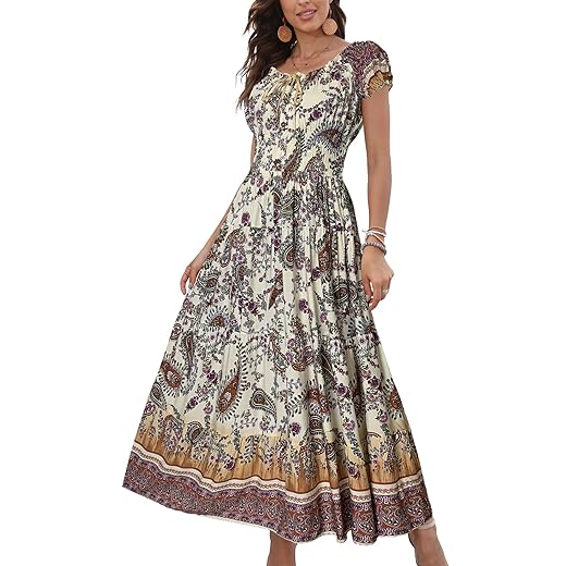 OSTOO Women's 2025 Summer Short Sleeves Boho Floral Print Tiered Casual Flowy Long Maxi Dress