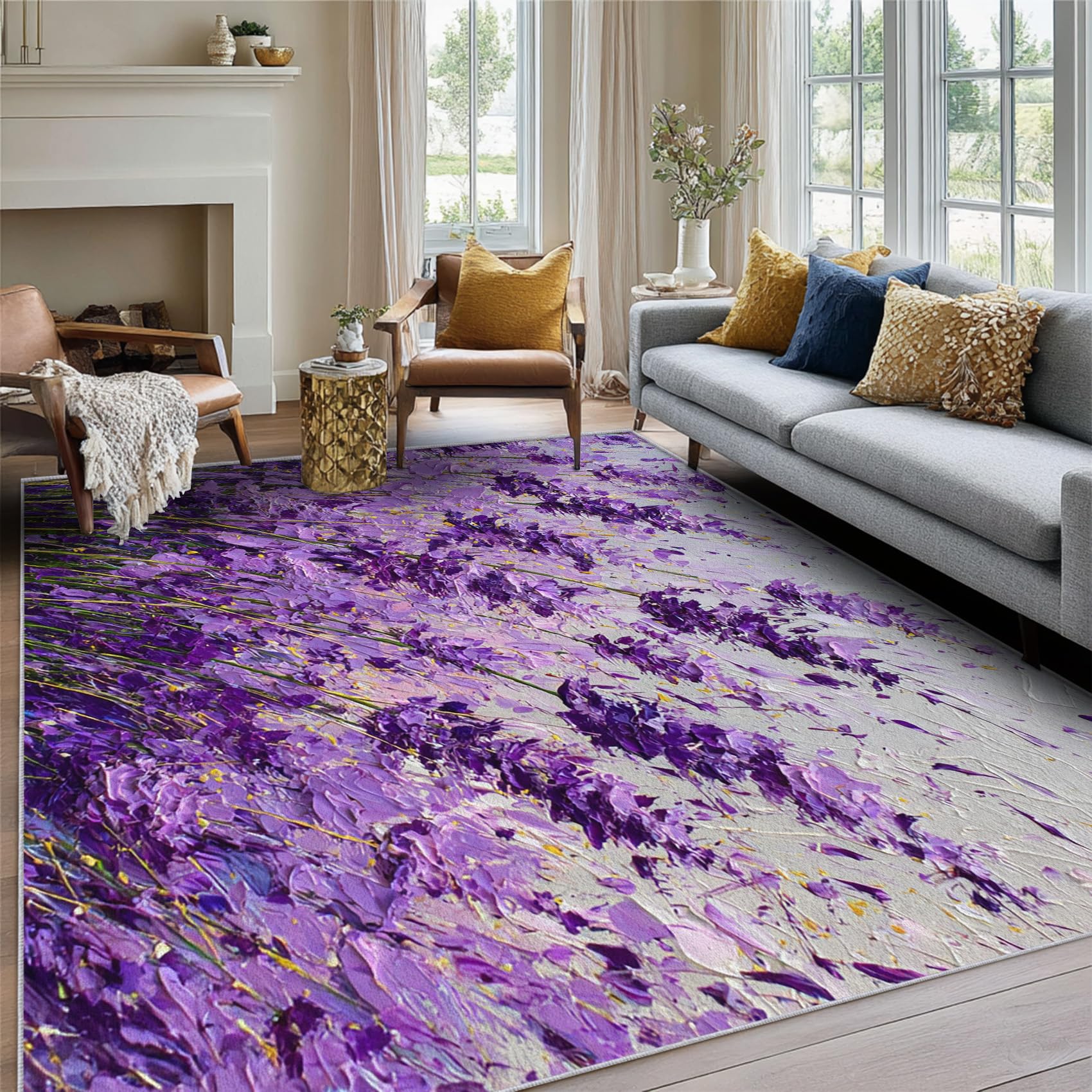 Générique Tapis Lavande, Tapis Salon Motif Floral Violet 140x200 cm, Pile Courte, Antidérapant, pour Carpette Chambre, Descente de Lit, Lavable Interieur, Decoration Maison A(1071)