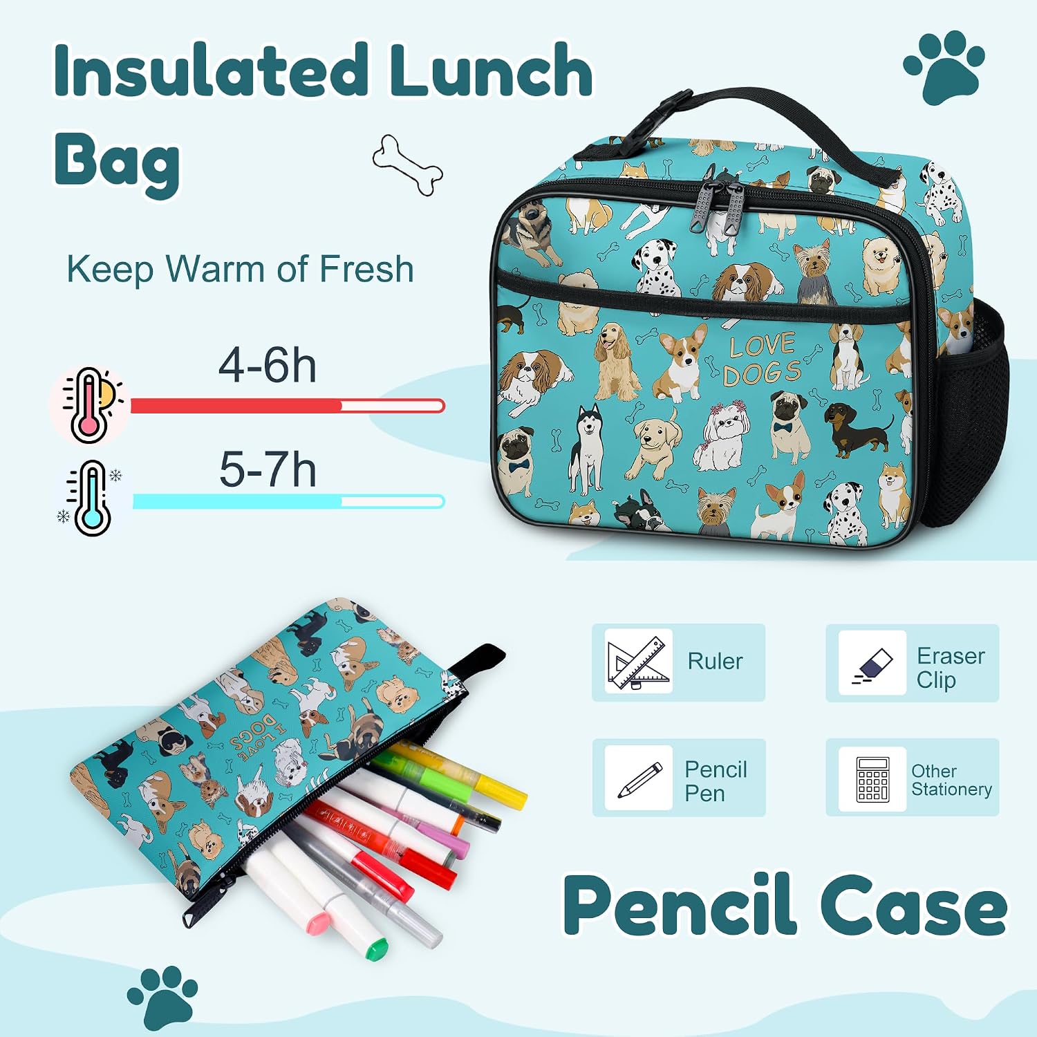 Dog Backpack Set for Boys, Kids Dog Backpack for School with Lunch Box Pencil Bag, Cute Puppy School Bag with Keychain for Students Elementary