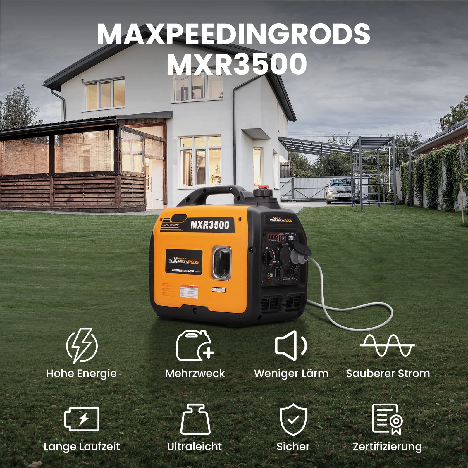 maXpeedingrods Inwerterowy generator prądu 3300 W, benzyna, 4-suwowa | z gniazdami USB i gniazdami 230 V, lekki agregat zasilania awaryjnego na kemping