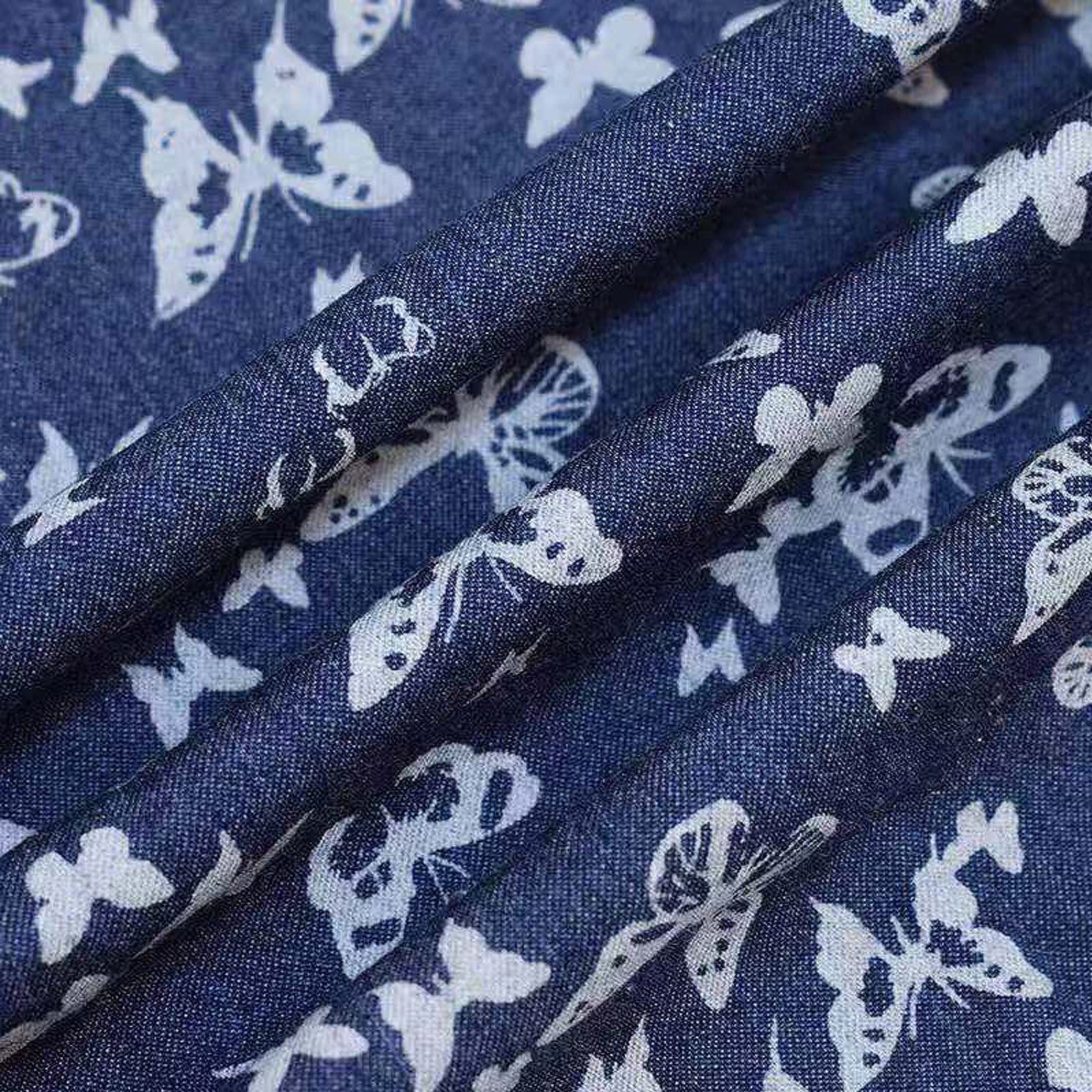 Tela vaquera para coser 100% algodón, tela vaquera fina, patrón de mariposa, tela estampada para ropa de verano, tela de costura creativa para manualidades, disfraces y decoración del hogar (tamaño: