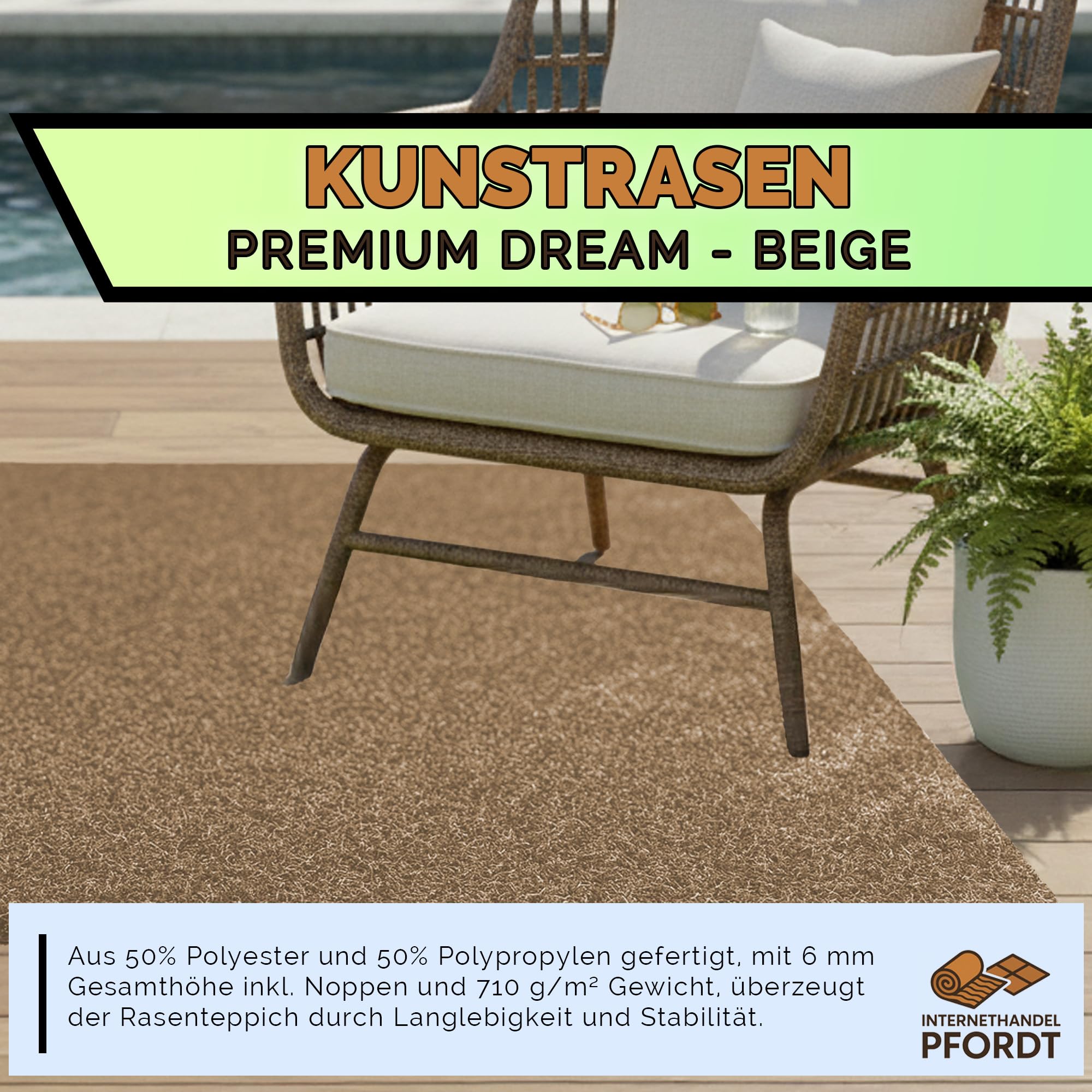 Kunstrasen Premium Dream 200x400 cm Beige, Wetterfester Rasenteppich für Balkon, Terrasse & Garten, pflegeleicht
