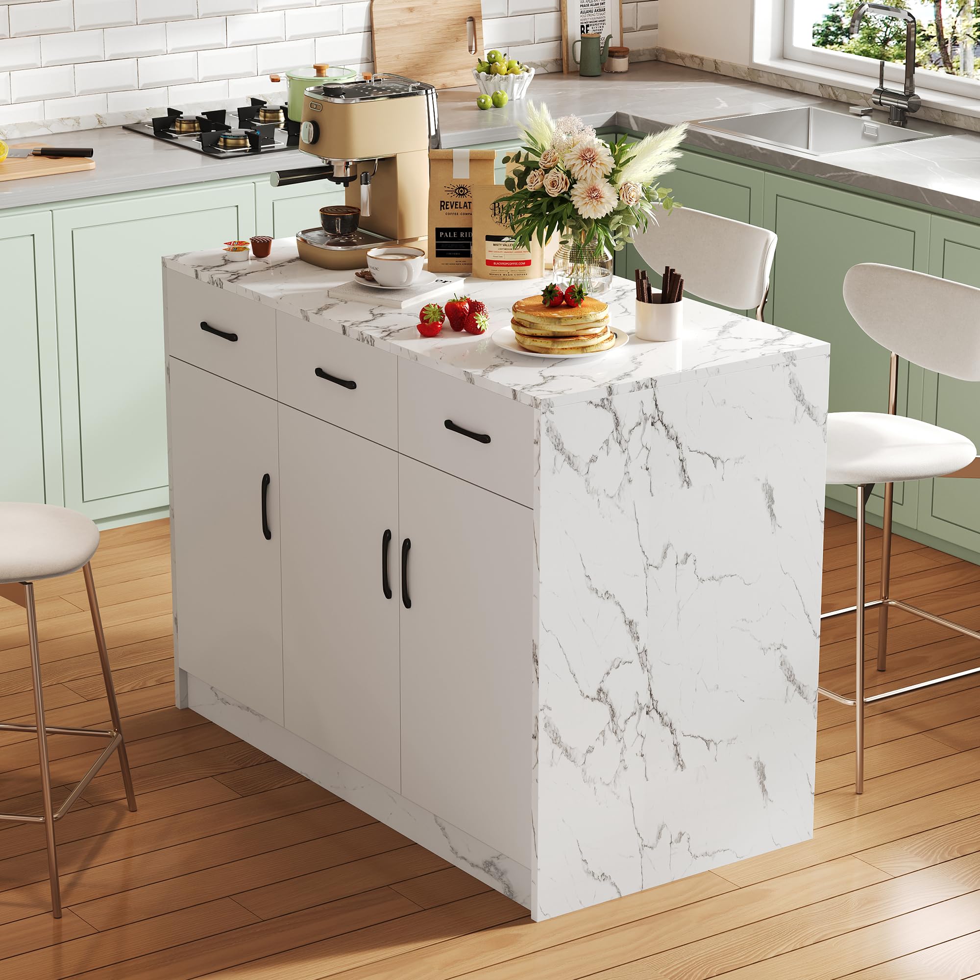 küchenschrank mit Arbeitsplatte, Kücheninsel 120 x 60 x 90,5 cm, 3 Schubladen und 3 Türen, weißes Marmordesign, verstellbare Einlegeböden, geräuschlose Schubladen