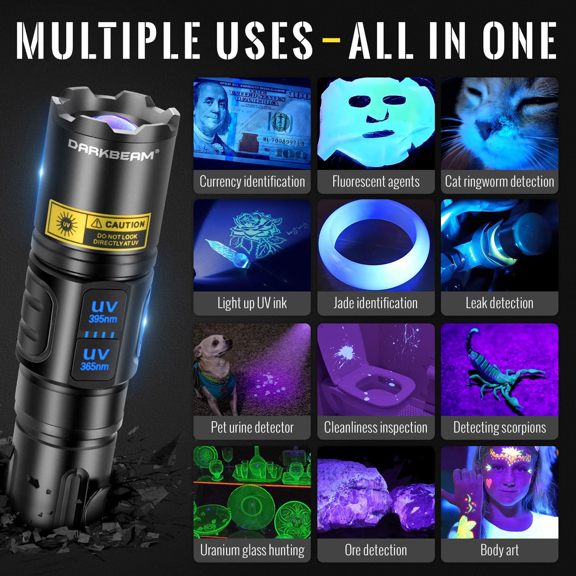 DARKBEAM Latarka UV Blacklight 365nm & 395nm Podwójne Czarne światło, Latarki LED USB ładowane Potężna Ultrafioletowe Woodsche Lampa moczu zwierząt domowych do szkła uranowego, utwardzania żywicy