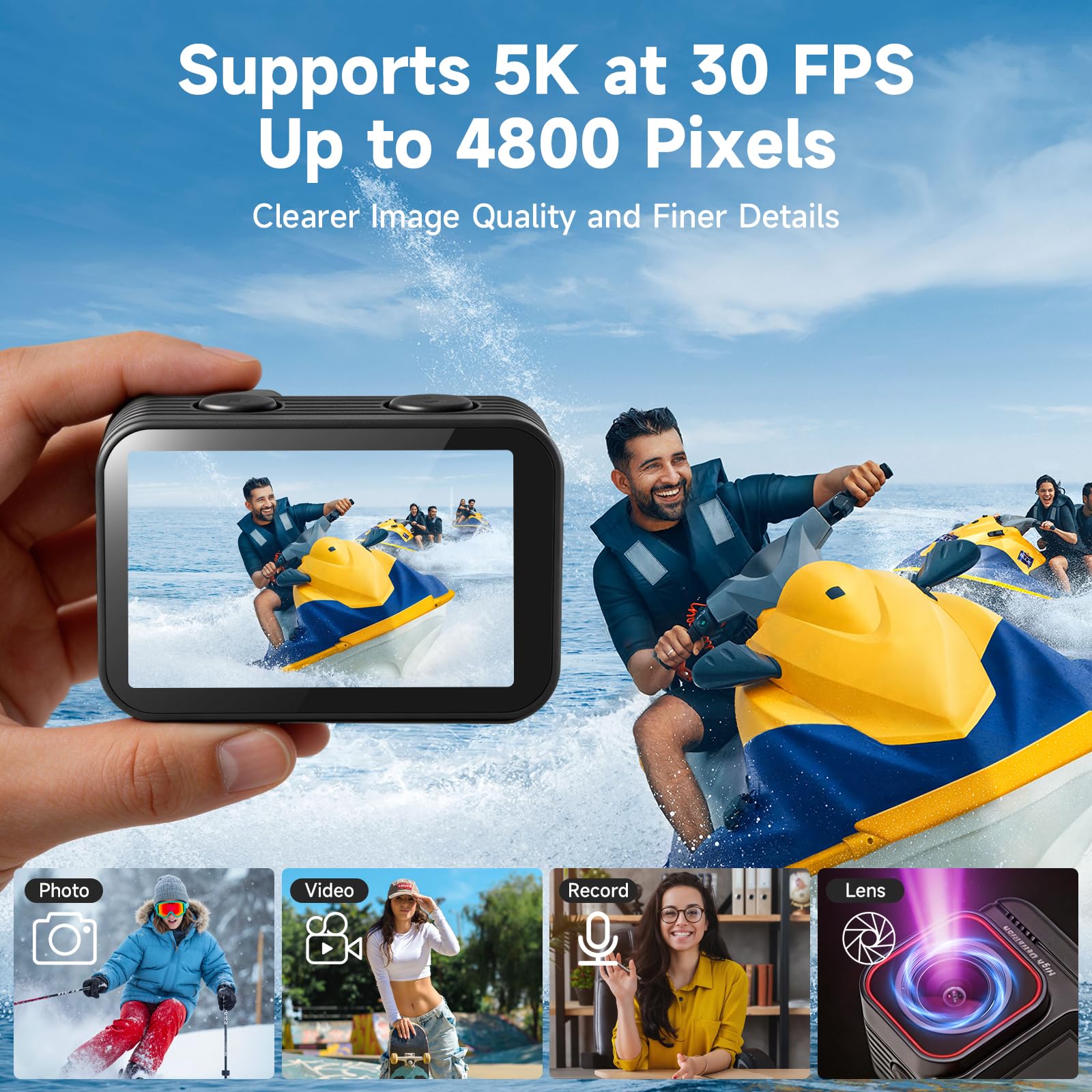 AIKER Cámara Deportiva,Versión Pro WiFi Action Camera Soporte 5k/30 FPS/48 MP/3.0 EIS/Larga Autonomía/Excelente Visión Nocturna/Sumergible Sin Carcasa/Doble Pantalla HD Camara Moto,Acabado Premium
