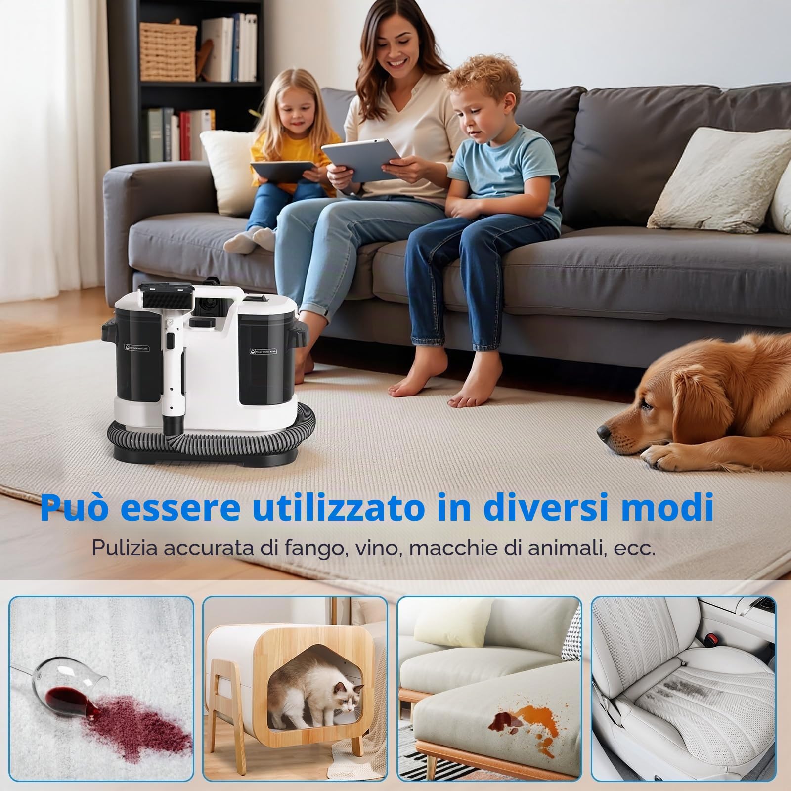 Detergente portatile per tappezzeria e pulitore macchia: 3 in 1 Spot Cleaner con funzione spray, spazzola e aspirazione per divano, tappeto, materasso e seggiolino auto, bianco (bianco)