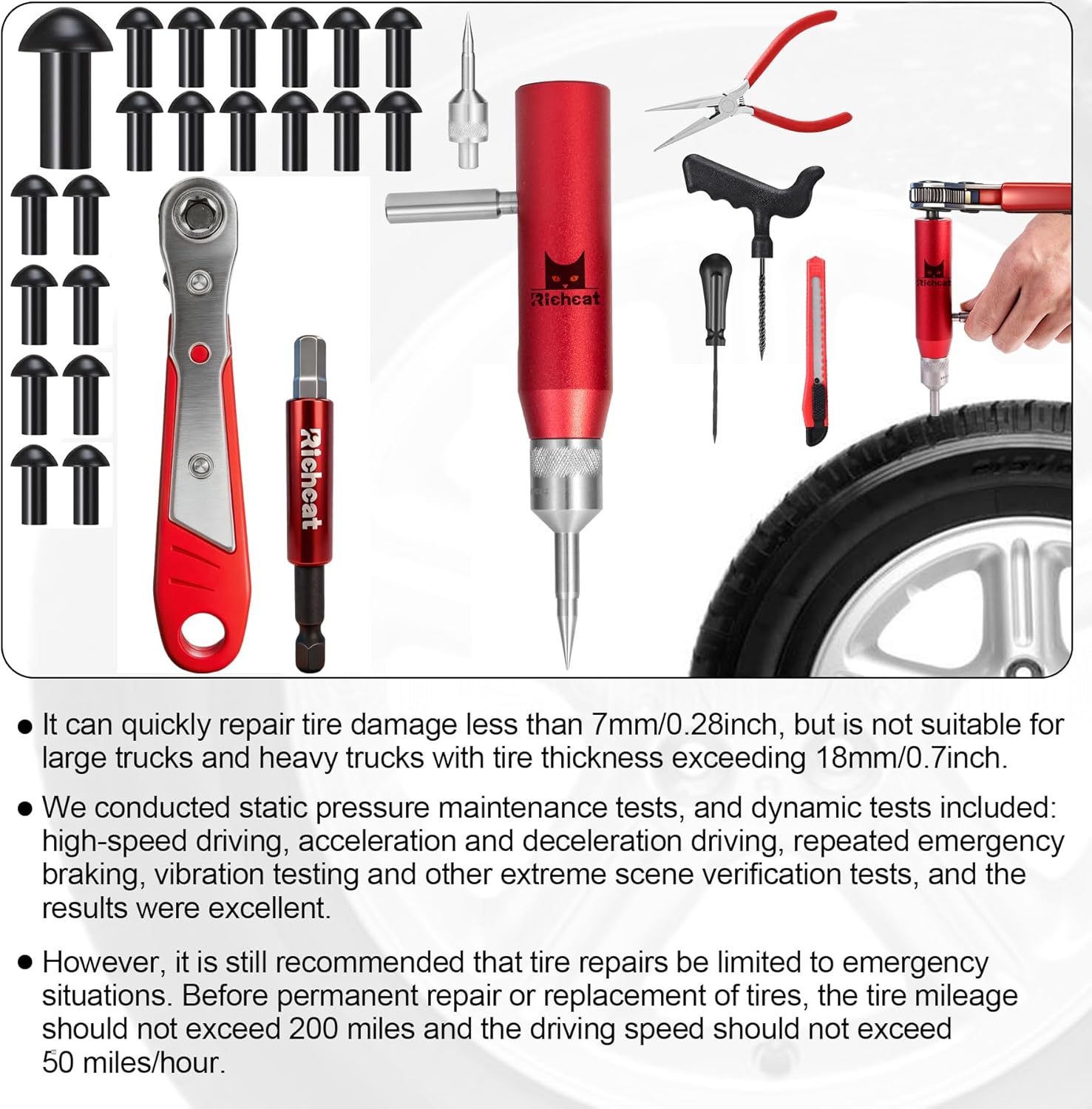 Richcat Tubeless Tire Puncture Repair Kit with Mushroom Plug, Repairs punctures and Flat Tires for Motorcycles, Cars, Trucks, ATVs and Tractors