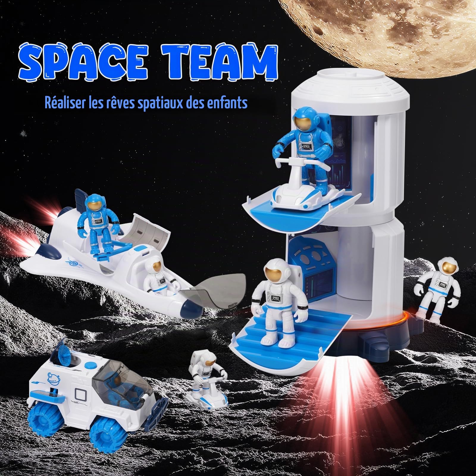 Fusée Jouet Espace pour Enfants, Navette Spatiale de vaisseau spatial avec effets de lumière et de son, jouet pour garçons et filles, kit de jeu d'exploration d'astronautes