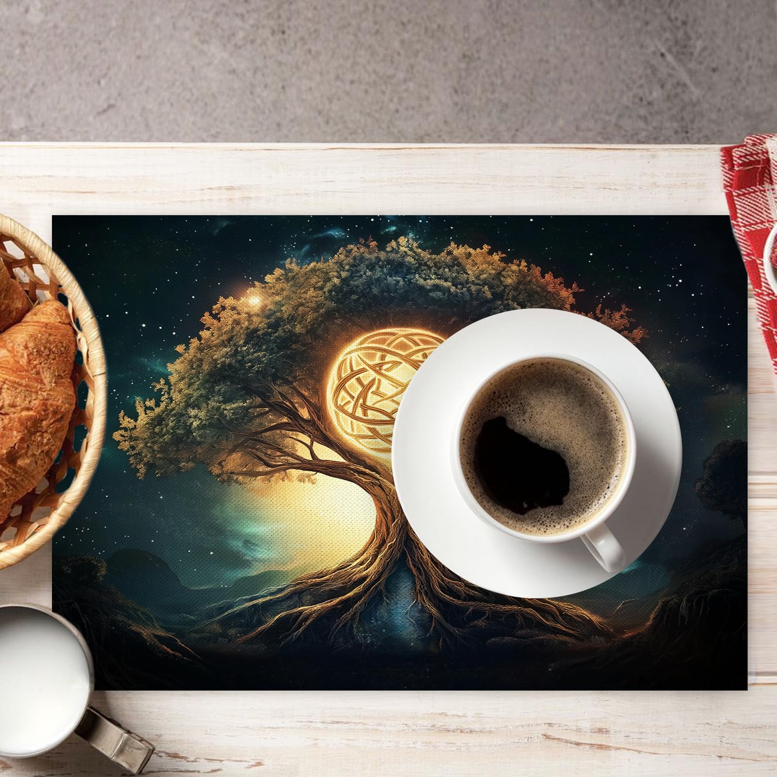 Set di 8 Tovagliette Americane Lavabili Cotone Lino Arte - Tovaglietta Americana Resistenti al Calore Durevole Alberi del cielo stellato - per Colazione Pranzo 30×45 cm