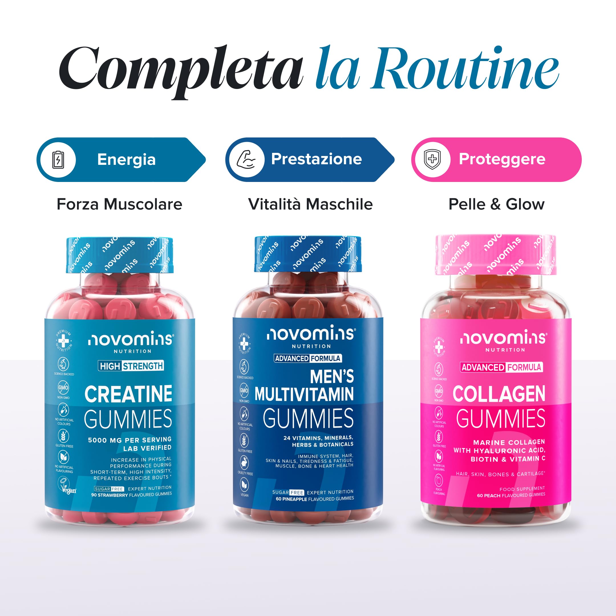 Creatina Monoidrata Gommose – 5000 mg per Porzione ad Alta Forza – Aumenta le Prestazioni Fisiche – Alternativa a Polvere, Compresse e Capsule – Vegana, Gusto Fragola – 90 Gommose – Novomins