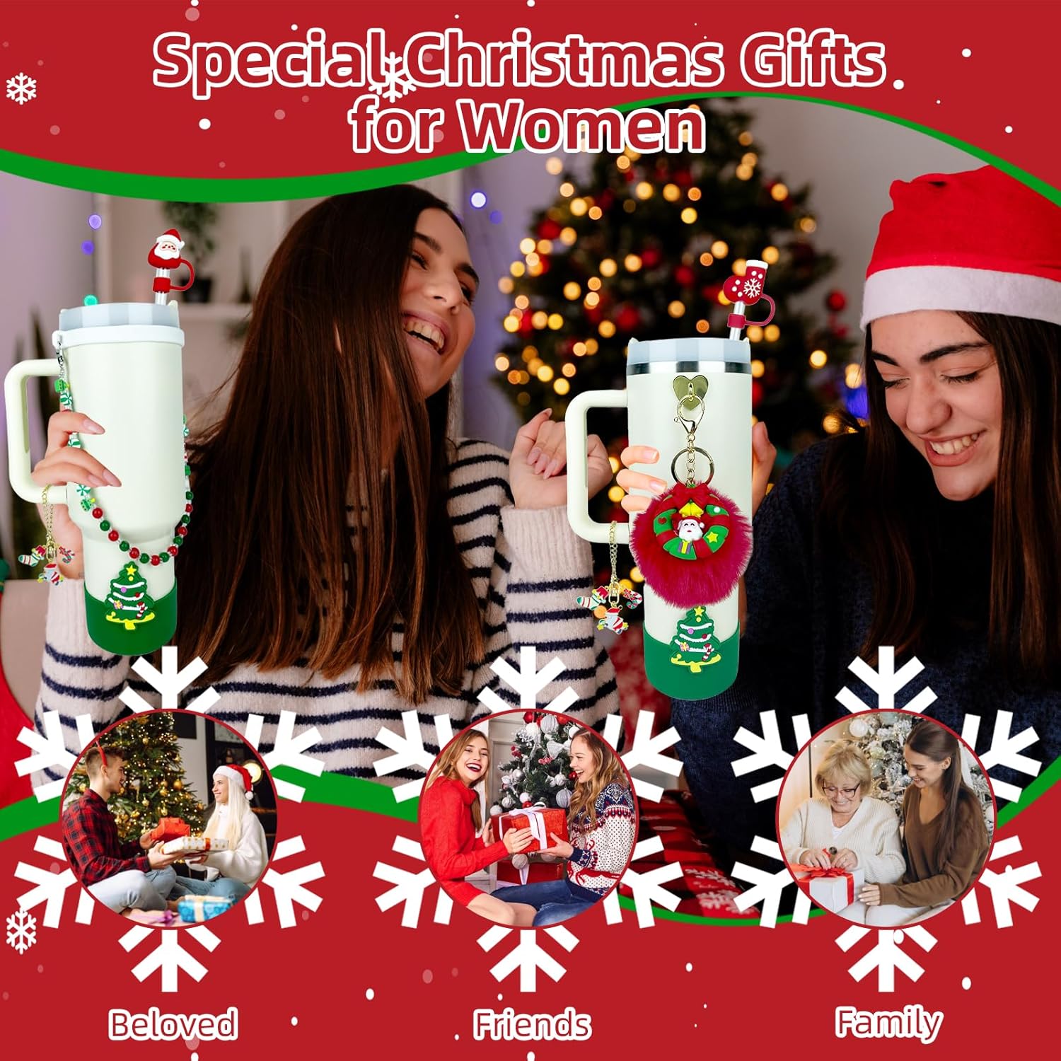 8 Pcs Christmas Accessories Set for Stanley Cup, Silicone Boot, Water Bottle Handle Strap 2Pcs Straw Covers Santa Charm&Pom-Pom Charm for Stanley Cup 30&40 Oz,Christmas Decor for Women - Image 7